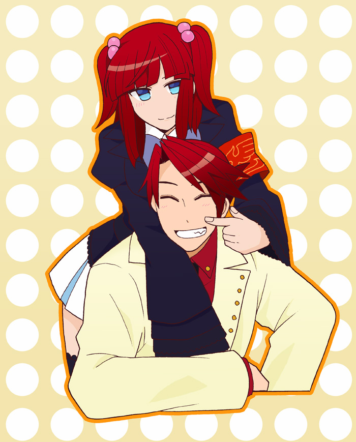 tiihatanono, ushiromiya ange, ushiromiya battler, umineko no naku koro ni, bad id, bad pixiv id, 00s, 1boy, 1girl, armband, blue eyes, brother and sister, closed eyes, frills, hetero, hug, jacket, necktie, red hair, ribbon, siblings, smile, thighhighs, twintails, zettai ryouiki