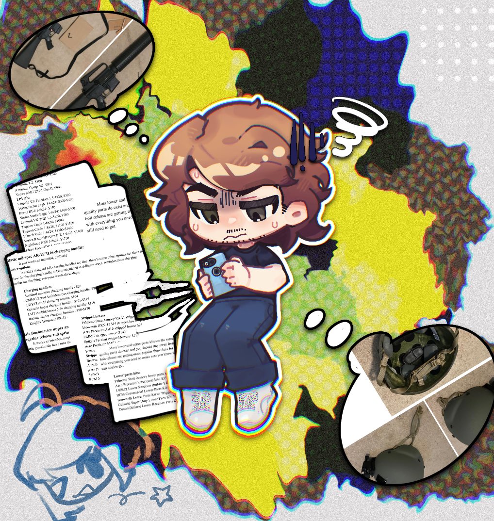 brenton tarrant, 8chan, real life, commentary request, > o, 1boy, 1girl, 3:, ;d, a1binos1ug, ahoge, animification, bare arms, black shirt, blue pants, bob cut, brown hair, chibi, chibi only, chromatic aberration, closed mouth, denim, facial hair, film grain, frown, full body, genderswap, genderswap (mtf), grey background, gun, hair behind ear, halftone, halftone background, hands up, holding, holding phone, invisible chair, jeans, looking at phone, looking at viewer, male focus, one eye closed, open mouth, outline, pants, payton gendron, phone, shirt, shoelaces, shoes, short hair, short sleeves, simple background, sitting, smile, solo focus, speech bubble, squiggle, star (symbol), sweat, t-shirt, thick eyebrows, thought bubble, v-shaped eyebrows, weapon, white outline, white shoes