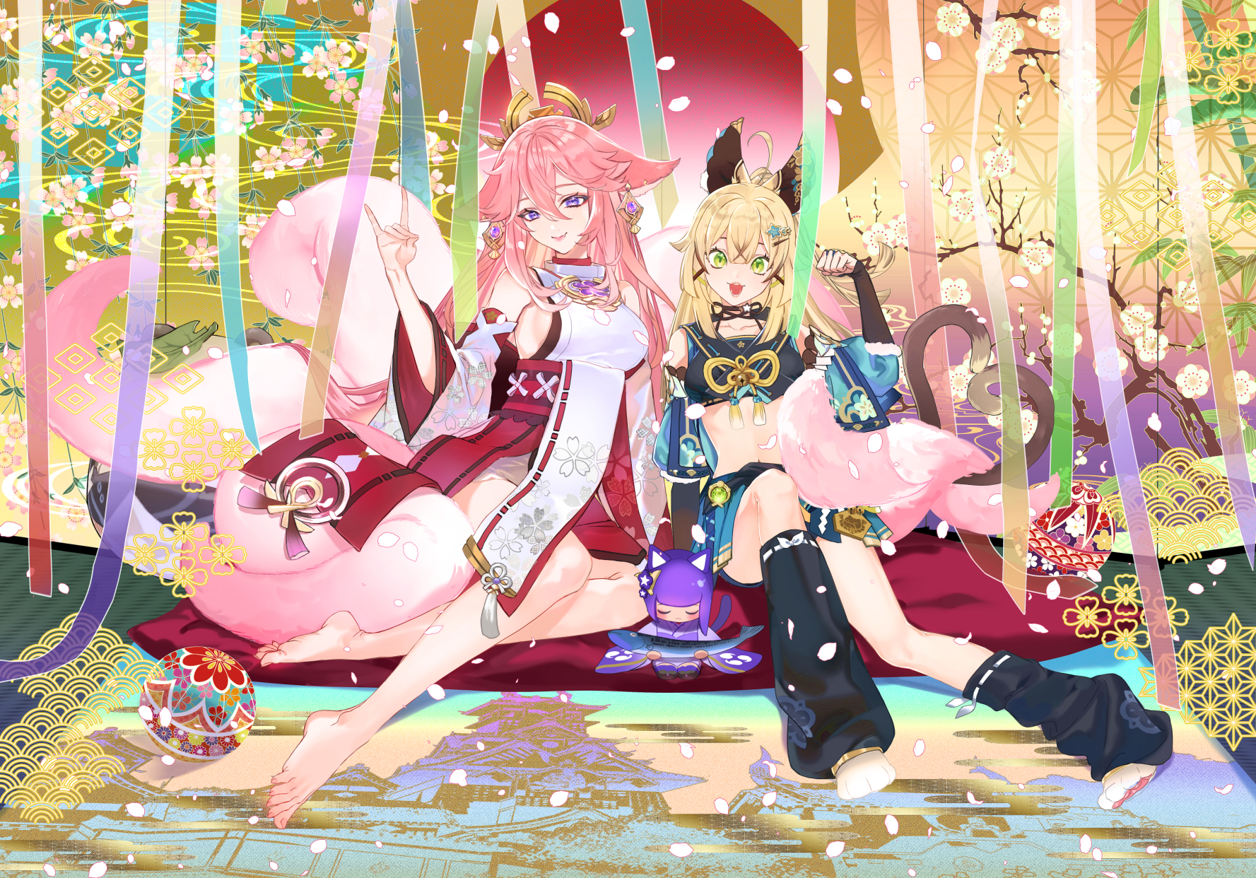 xrjingx, kirara (genshin impact), yae miko, genshin impact, commentary, highres, symbol-only commentary, 2girls, ahoge, animal ear piercing, animal ears, asa no ha (pattern), ball, barefoot, bell, black bow, black bridal gauntlets, black leg warmers, black ribbon, black shirt, blonde hair, blue skirt, bow, breasts, bridal gauntlets, cat feet, cat tail, choker, clenched hand, closed mouth, crop top, dendro symbol (genshin impact), detached sleeves, double-parted bangs, eyeliner, falling petals, fang, fish, floppy ears, fox ears, fox shadow puppet, fox tail, full body, green eyes, hair between eyes, hair bow, hair ornament, hairclip, hand up, high-waist skirt, jingle bell, kitsune, knee up, leg warmers, long hair, looking at viewer, makeup, midriff, multiple girls, multiple tails, navel, nekomata, nontraditional miko, open mouth, petals, pink hair, pink tail, puffy detached sleeves, puffy sleeves, purple eyes, red eyeliner, red skirt, ribbon, ribbon choker, shirt, side-by-side, sideboob, sitting, skin fang, skirt, sleeveless, sleeveless shirt, smile, statue of her excellency (genshin impact), streamers, tail, tassel, teeth, temari ball, three-quarter sleeves, toes, two tails, vision (genshin impact), white shirt