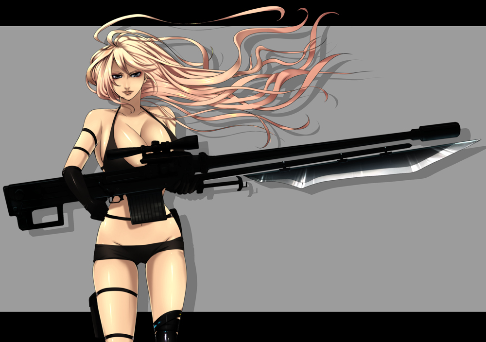 nicole pmonachi, pixiv army, 1girl, bayonet, bikini, black bikini, breasts, cleavage, female focus, grey eyes, gun, huge breasts, long hair, navel, pink hair, rifle, solo, swimsuit, thigh strap, weapon