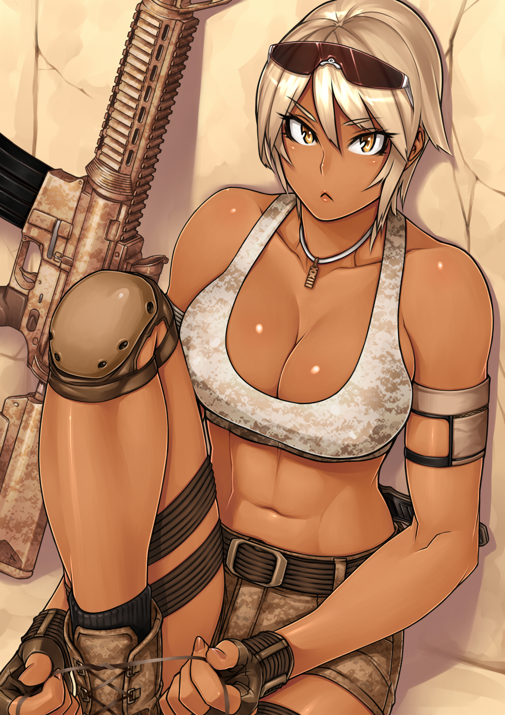 23 (real xxiii), sela (23), original, silver hair, highres, 1girl, :<, abs, against wall, ankle boots, armband, assault rifle, bare shoulders, belt, blonde hair, boots, breasts, camouflage, cleavage, collarbone, crack, dark-skinned female, dark skin, digital camouflage, eyewear on head, female focus, fingerless gloves, gloves, gun, jewelry, knee pads, lace-up boots, large breasts, m4 carbine, midriff, military, muscular, navel, necklace, orange eyes, rifle, shiny skin, short hair, short shorts, shorts, sitting, socks, solo, sports bra, sunglasses, tan, tank top, thigh strap, toned, tying, weapon, yellow eyes