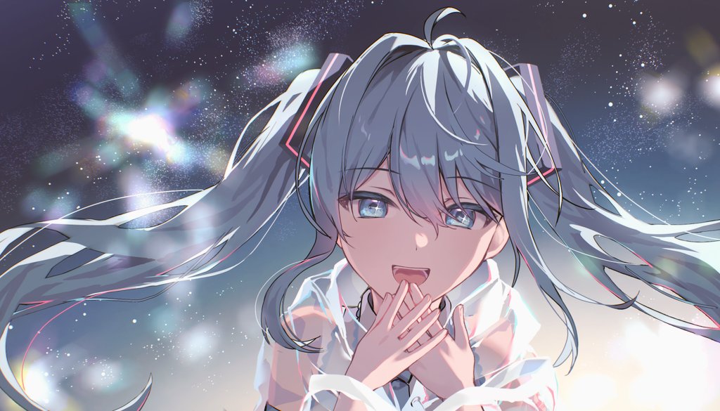 kurobikari, hatsune miku, vocaloid, commentary request, 1girl, ahoge, aqua eyes, aqua hair, aqua necktie, blush, collared shirt, hair between eyes, hair ornament, long hair, looking at viewer, necktie, open mouth, see-through clothes, see-through shirt, shirt, sky, smile, solo, star (sky), starry sky, twintails, very long hair, white shirt