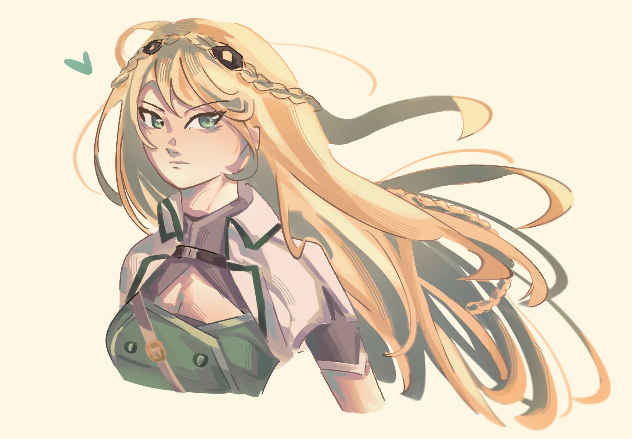findergirls, elaine auclair, eiyuu densetsu, kuro no kiseki (series), commentary, english commentary, highres, 1girl, blonde hair, braid, breasts, cleavage, cleavage cutout, closed mouth, clothing cutout, crown braid, floating hair, green eyes, hair between eyes, heart, large breasts, long hair, looking at viewer, parted bangs, portrait, simple background, single braid, solo, upper body, yellow background