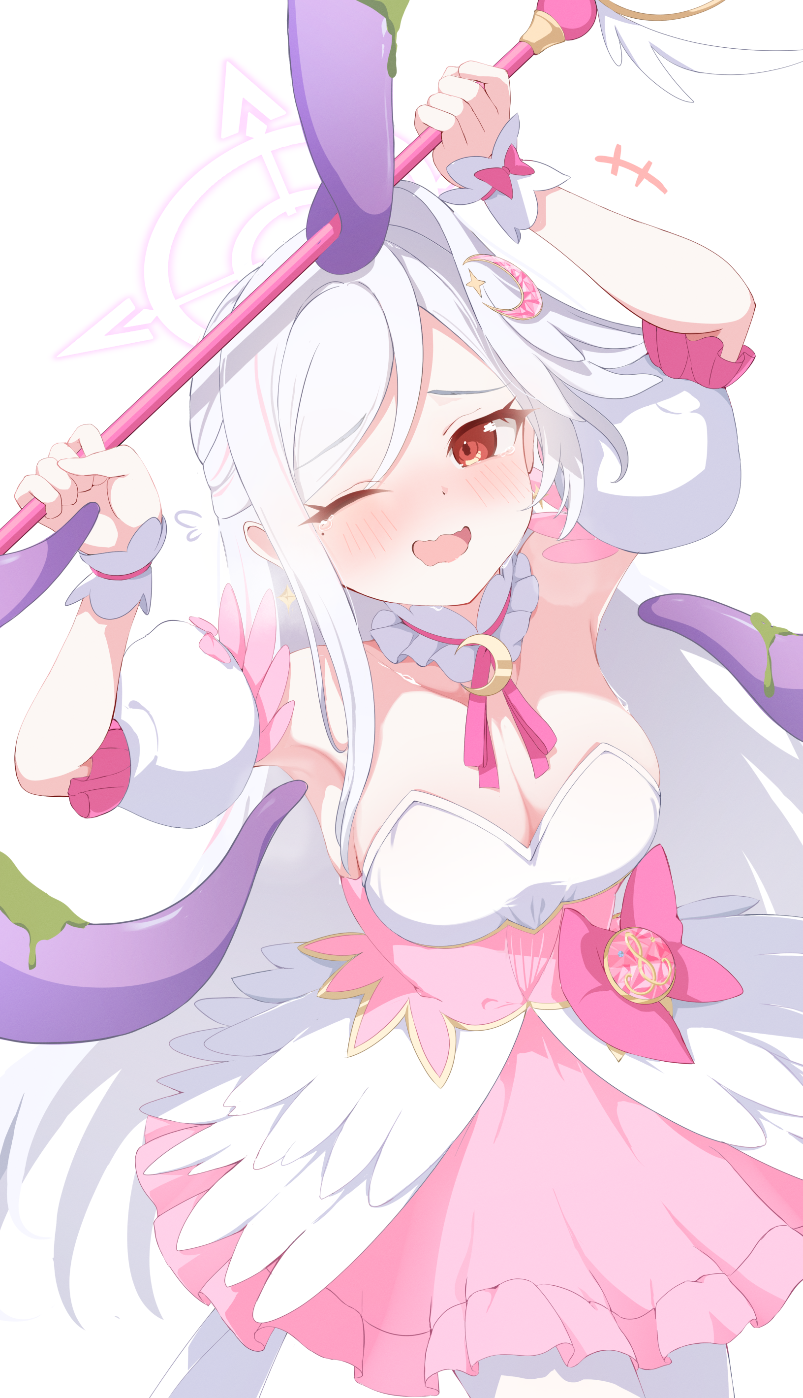 hello-ghiblisan, suzumi (blue archive), suzumi (magical) (blue archive), blue archive, absurdres, highres, 1girl, blush, breasts, cleavage, detached sleeves, dress, halo, head wings, holding, holding staff, long hair, mage staff, magical girl, medium breasts, multicolored dress, official alternate costume, one eye closed, pink dress, red eyes, simple background, single head wing, solo, staff, thighhighs, wavy mouth, white background, white dress, white hair, white halo, white thighhighs, wings