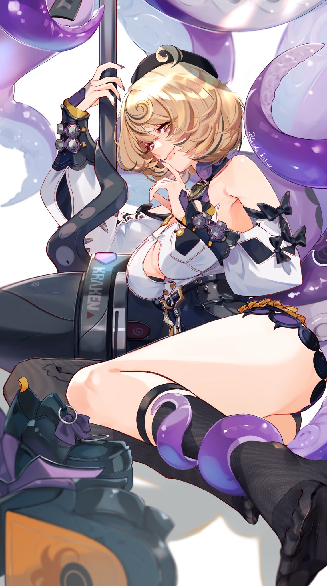zunda kaku, yidhari murphy, zenless zone zero, commentary request, highres, 1girl, accessories, asymmetrical shorts, bare shoulders, black bow, black hat, black shoes, blonde hair, bow, breasts, cleavage, closed mouth, detached sleeves, footwear ribbon, from side, hair between eyes, hammer, hat, high-waist shorts, holding, holding hammer, holding weapon, large breasts, looking at viewer, mole, mole under mouth, monster girl, octopus, purple eyes, purple nails, scylla, shirt, shoes, short hair, shorts, solo, spiral, tentacle girl, tentacle grab, tentacle tail, tentacles, twitter username, unworn shoes, weapon, white background, white shirt, yellow pupils