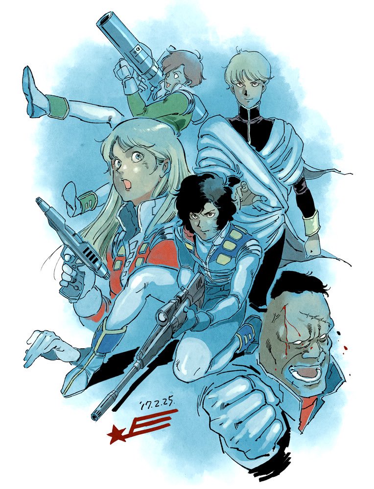 zigharii, alfin, joe (crusher joe), ricky (crusher joe), talos (crusher joe), crusher joe, 1girl, 4boys, aiming, belt, black hair, blonde hair, blood, blood from forehead, brown hair, closed mouth, dated, gloves, gun, holding, holding gun, holding weapon, jacket, long hair, looking at viewer, multiple boys, open mouth, retro artstyle, scar, simple background, smile, vest, weapon, white background