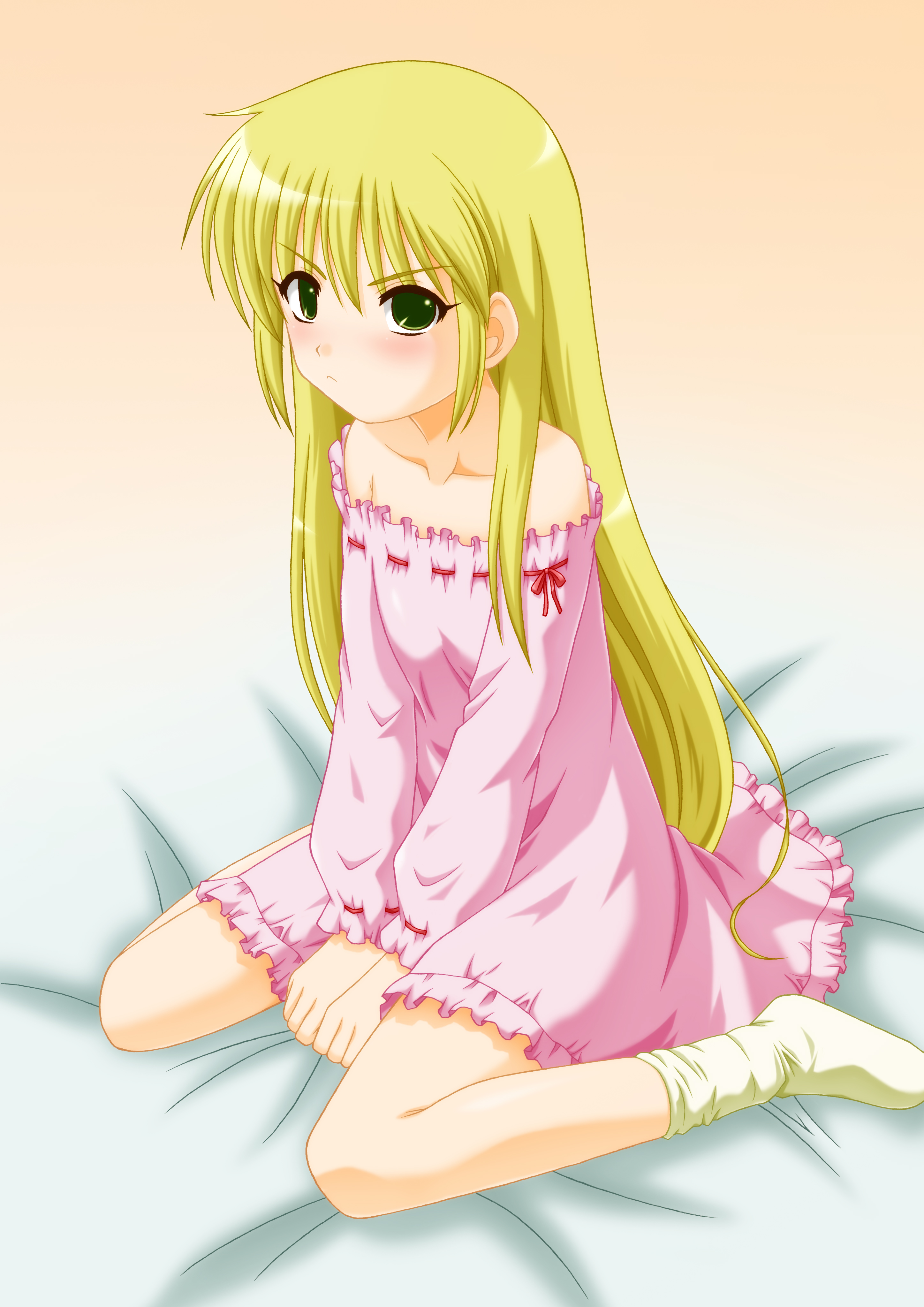kikusui napo, sanzen'in nagi, hayate no gotoku!, absurdres, highres, 00s, 1girl, bare shoulders, blonde hair, blush, child, feet, female focus, green eyes, hair down, lingerie, long hair, nightgown, socks, solo, underwear