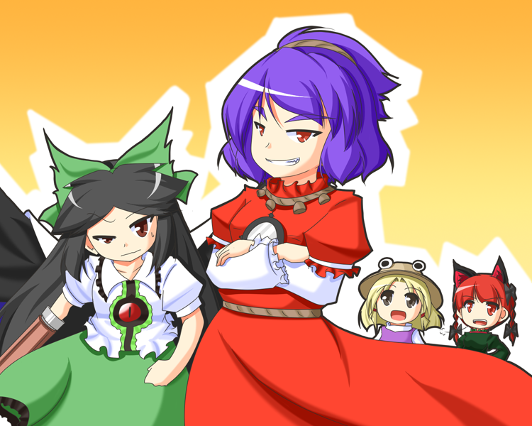urushi, kaenbyou rin, moriya suwako, reiuji utsuho, yasaka kanako, touhou, 4girls, alternate hairstyle, animal ears, blonde hair, braid, cat ears, cat girl, dress, female focus, gradient background, hair ribbon, hairband, hat, long hair, multiple girls, purple hair, red eyes, red hair, ribbon, rope, short hair, skirt, twin braids, twintails