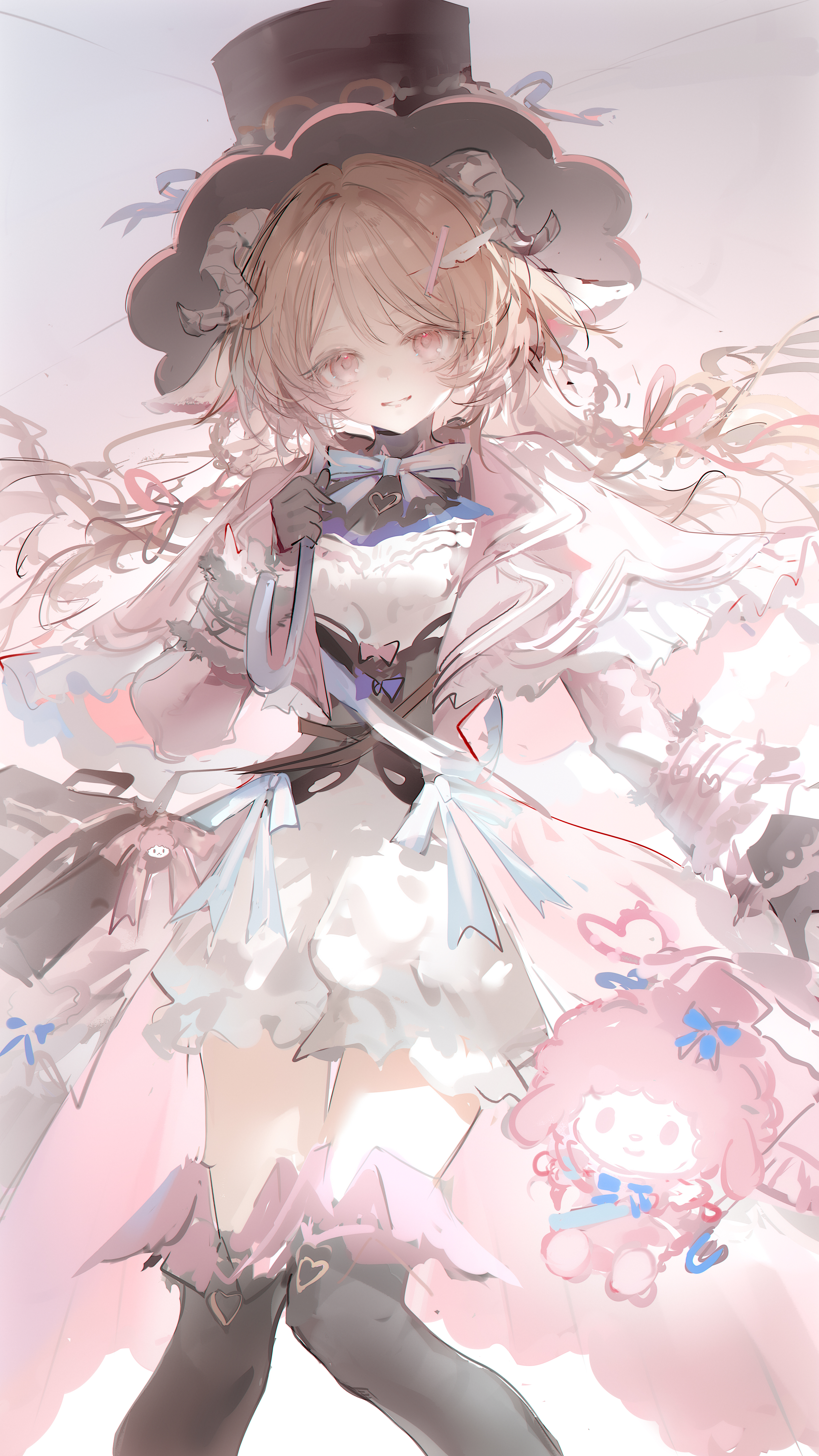 luozhou pile, eyjafjalla (arknights), eyjafjalla (fluffy little witch) (arknights), my sweet piano, arknights, onegai my melody, sanrio, absurdres, commentary, english commentary, highres, 2girls, animal ears, bag, black boots, bloomers, boots, brown hair, dress, feet out of frame, hat, horns, knee boots, long hair, looking at viewer, multiple girls, official alternate costume, pink background, pink dress, pink eyes, sheep ears, sheep girl, sheep horns, showgirl skirt, simple background, sketch, smile, top hat, underwear, white background, white bloomers, white dress