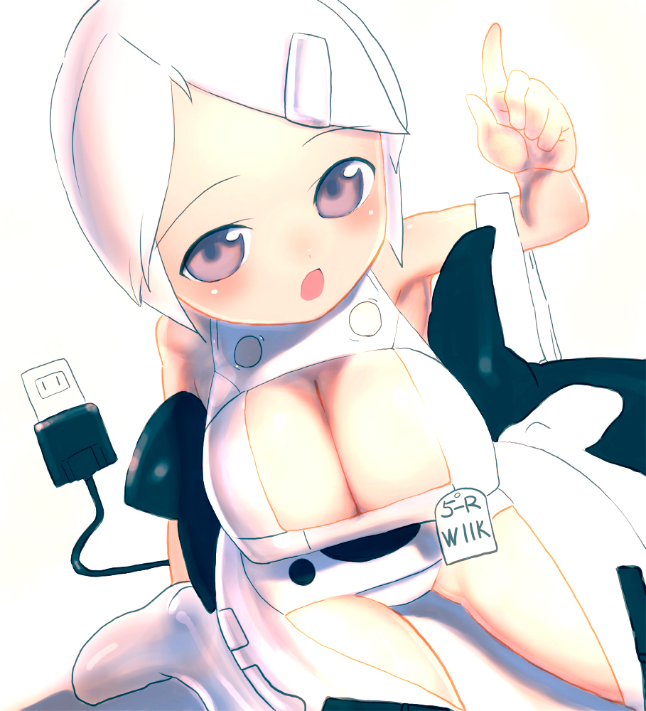 rondo bell, original, bad id, bad pixiv id, 1girl, breasts, cleavage, electric plug, electrical outlet, female focus, hair ornament, hairclip, large breasts, pink eyes, pointing, short hair, sitting, solo, white hair
