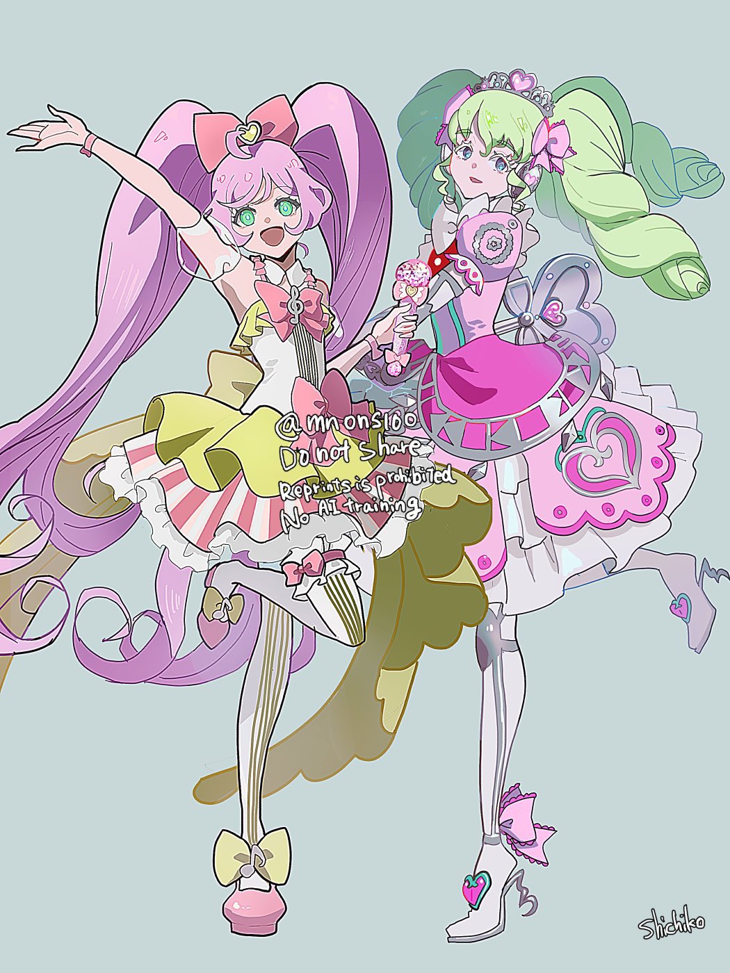 shichiko (kerori), falulu, manaka laala, pretty series, pripara, hashtag-only commentary, highres, 2girls, :d, ahoge, arm up, bare shoulders, boots, bow, colored eyelashes, detached collar, detached sleeves, dress, frilled thighhighs, frills, full body, green eyes, green hair, grey eyes, hair bow, high heel boots, high heels, holding, holding microphone, idol clothes, long hair, looking at viewer, microphone, multiple girls, open mouth, pink bow, pink dress, pink shoes, puffy detached sleeves, puffy sleeves, purple hair, shoes, short dress, smile, standing, standing on one leg, thighhighs, twintails, very long hair, white boots, winding key, yellow bow