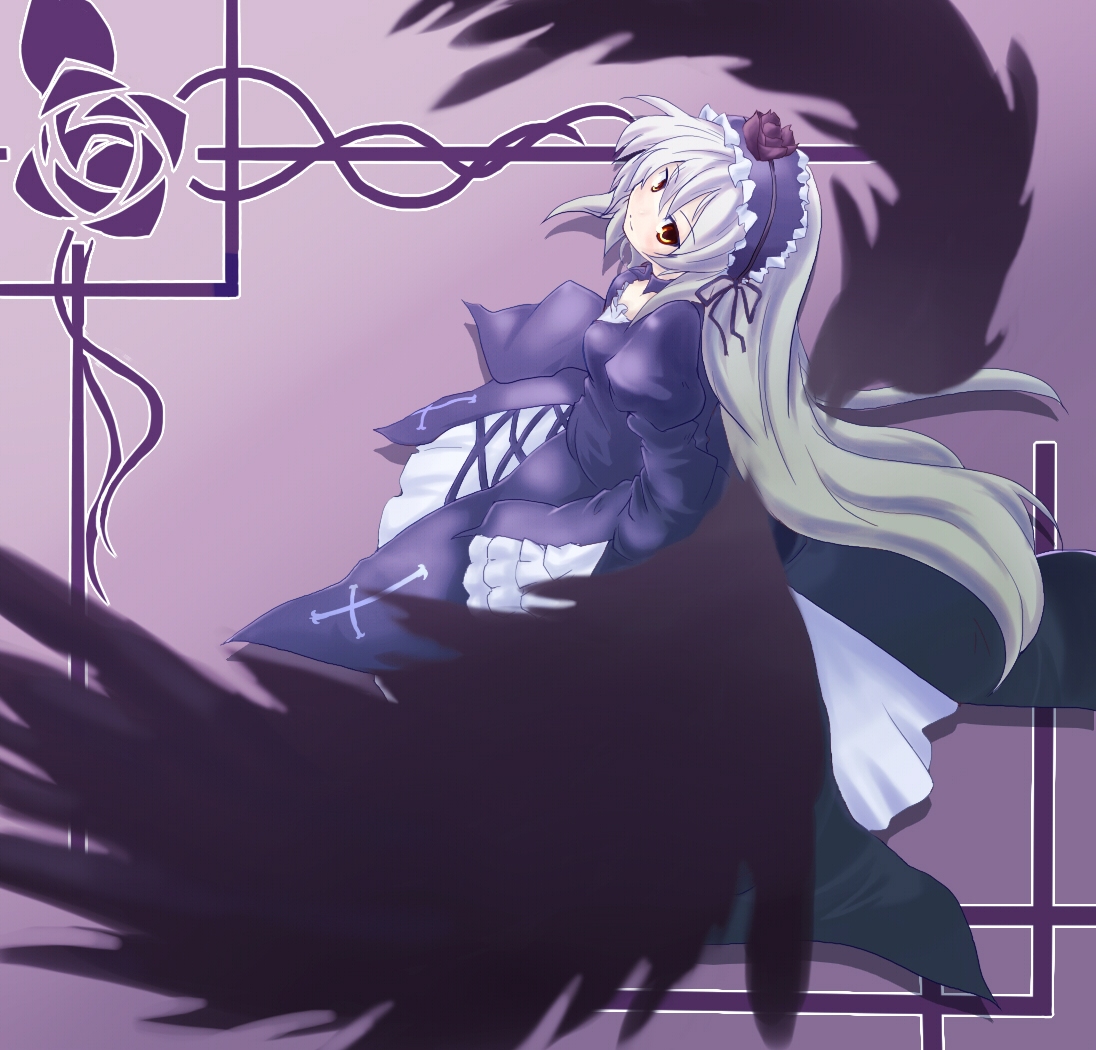 amagase lyle, suigintou, rozen maiden, 00s, angel wings, black wings, feathers, gothic lolita, lolita fashion, long hair, solo, white hair, wings, yellow eyes