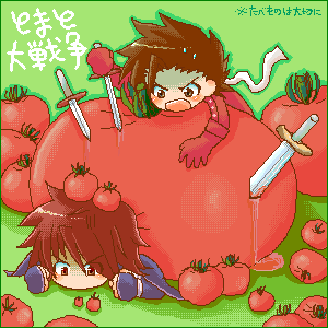 kratos aurion, lloyd irving, tales of (series), tales of symphonia, lowres, 00s, 2boys, angry, brown hair, multiple boys, red hair, short hair, sword, tomato, weapon