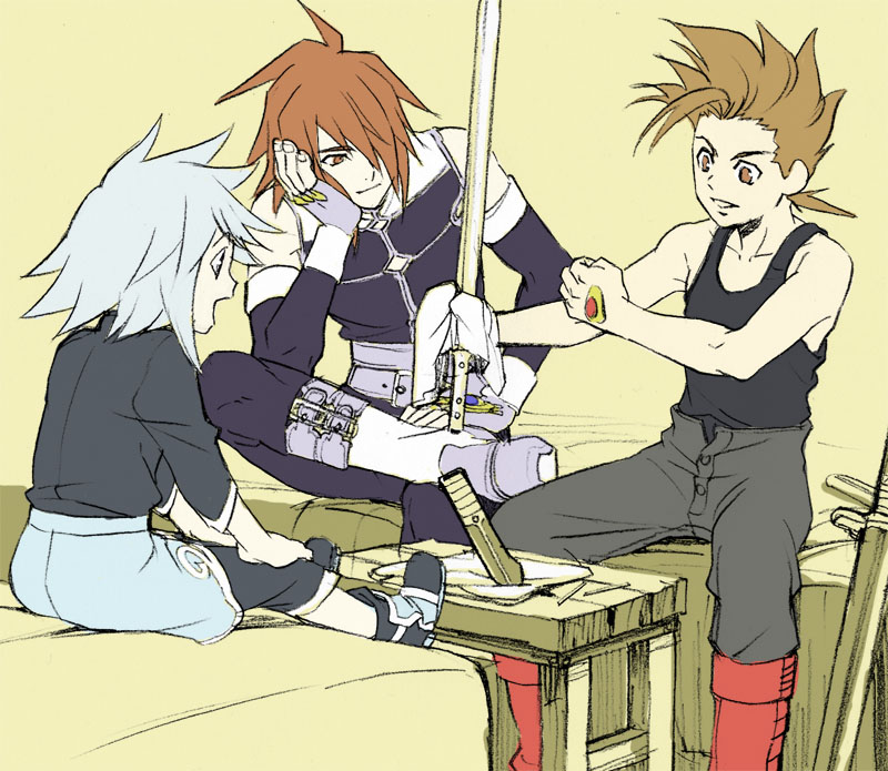 sio vanilla, genius sage, kratos aurion, lloyd irving, tales of (series), tales of symphonia, bad id, bad pixiv id, 00s, 3boys, blue eyes, brown eyes, brown hair, male focus, multiple boys, red eyes, red hair, shirt, smile, sword, weapon, white hair