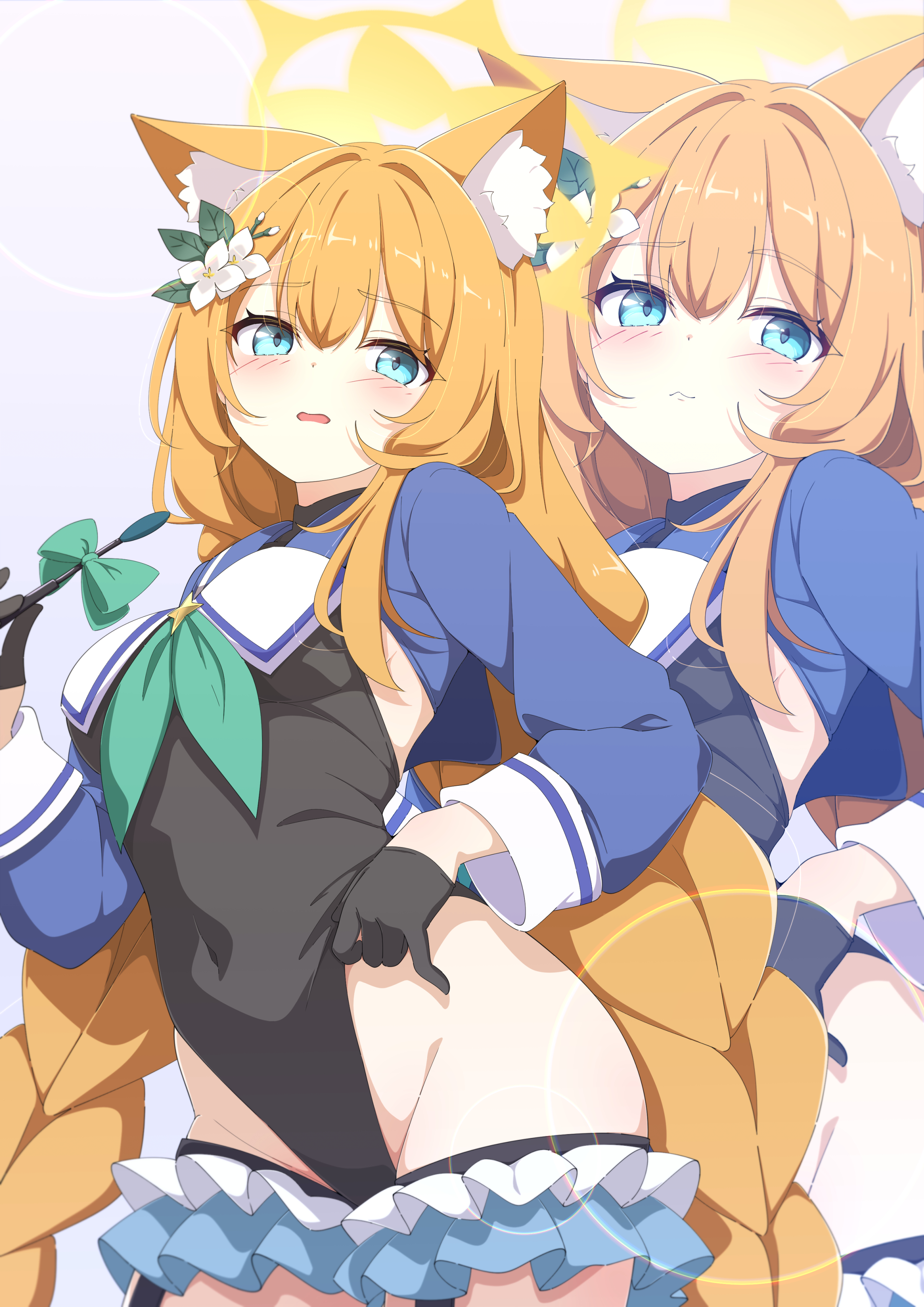 kame (nokonoko10271), mari (blue archive), shimiko (blue archive), shimiko (magical) (blue archive), blue archive, absurdres, highres, photoshop (medium), 1girl, alternate costume, alternate hairstyle, animal ear fluff, animal ears, aqua neckerchief, black gloves, black leotard, blue eyes, blue shirt, blush, braid, cat ears, cat girl, closed mouth, cosplay, cropped shirt, frilled thigh strap, gloves, hair between eyes, halo, highleg, highleg leotard, leotard, long hair, looking at viewer, neckerchief, open clothes, orange hair, shimiko (blue archive) (cosplay), shirt, solo, thigh strap, twin braids, very long hair, yellow halo, zoom layer
