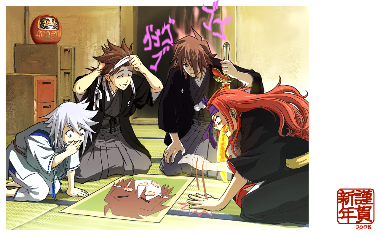 shimabara, sio vanilla, genius sage, kratos aurion, lloyd irving, zelos wilder, tales of (series), tales of symphonia, drawing, bad id, bad pixiv id, 00s, 4boys, angry, brown hair, embarrassed, indoors, japanese clothes, kimono, laughing, male focus, multiple boys, red eyes, red hair, short hair, smile, sword, tears, weapon, white hair