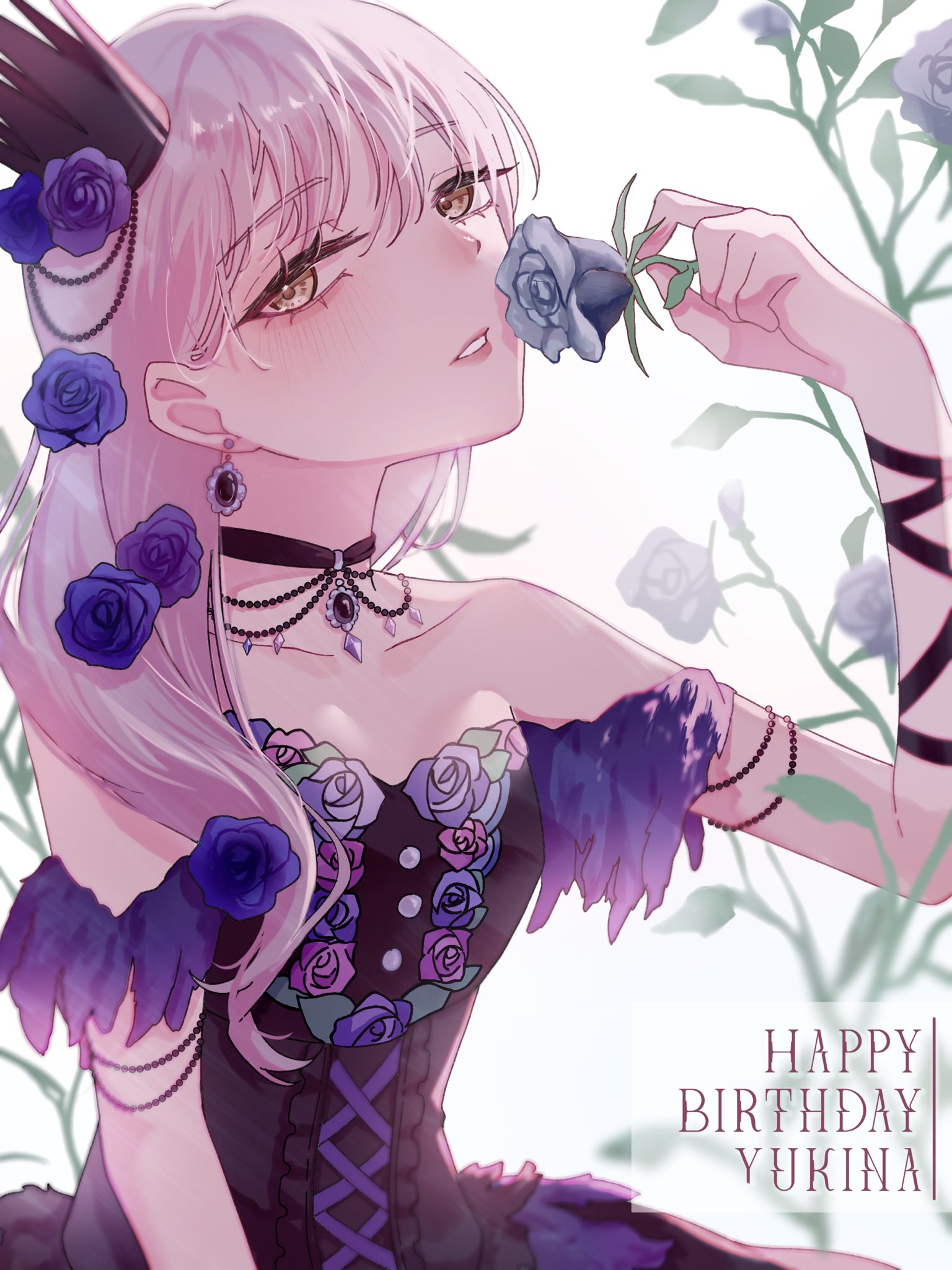busshitsuryou, minato yukina, bang dream!, highres, 1girl, bare shoulders, black crown, blue flower, blue rose, choker, crown, dress, earrings, flower, grey hair, hair flower, hair ornament, holding, holding flower, jewelry, long hair, looking at viewer, purple dress, purple flower, purple rose, rose, simple background, solo, upper body, white background, yellow eyes