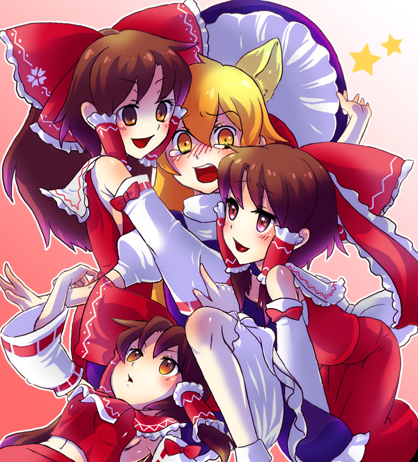 merue, hakurei reimu, kirisame marisa, touhou, bad id, bad pixiv id, 4girls, animal ears, blonde hair, breasts, brown eyes, brown hair, cat ears, cat girl, clone, detached sleeves, female focus, hat, japanese clothes, kemonomimi mode, lying, medium breasts, miko, multiple girls, red eyes, ribbon, short hair, sideboob, tears, witch, witch hat, yellow eyes, yuri