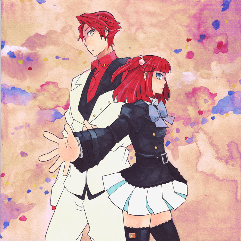 tiihatanono, ushiromiya ange, ushiromiya battler, umineko no naku koro ni, bad id, bad pixiv id, traditional media, 00s, 1boy, 1girl, blue eyes, brother and sister, brown eyes, frills, jacket, necktie, red hair, ribbon, short hair, siblings, thighhighs, twintails, zettai ryouiki