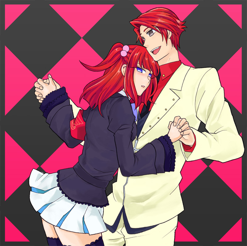 tiihatanono, ushiromiya ange, ushiromiya battler, umineko no naku koro ni, bad id, bad pixiv id, 00s, 1boy, armband, blue eyes, brother and sister, frills, holding hands, jacket, necktie, red hair, ribbon, short hair, siblings, smile, thighhighs, twintails, zettai ryouiki