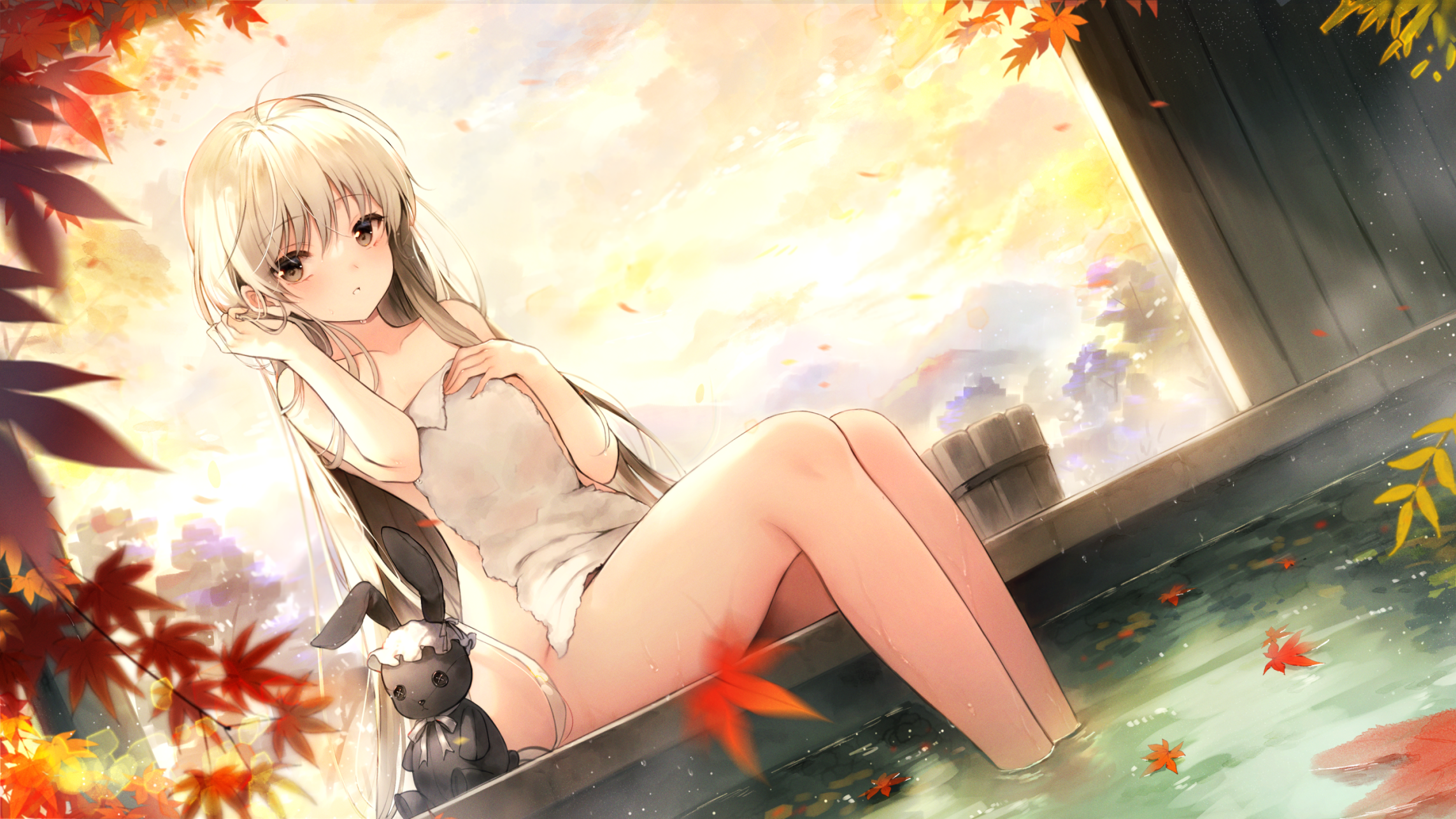 jiji (381134808), kasugano sora, yosuga no sora, commentary request, highres, 1girl, adjusting hair, bucket, covering privates, dutch angle, falling leaves, grey hair, leaf, legs, long hair, looking at viewer, maple leaf, nude cover, onsen, parted lips, sky, soaking feet, solo, stuffed animal, stuffed rabbit, stuffed toy, towel, wooden bucket, yellow sky