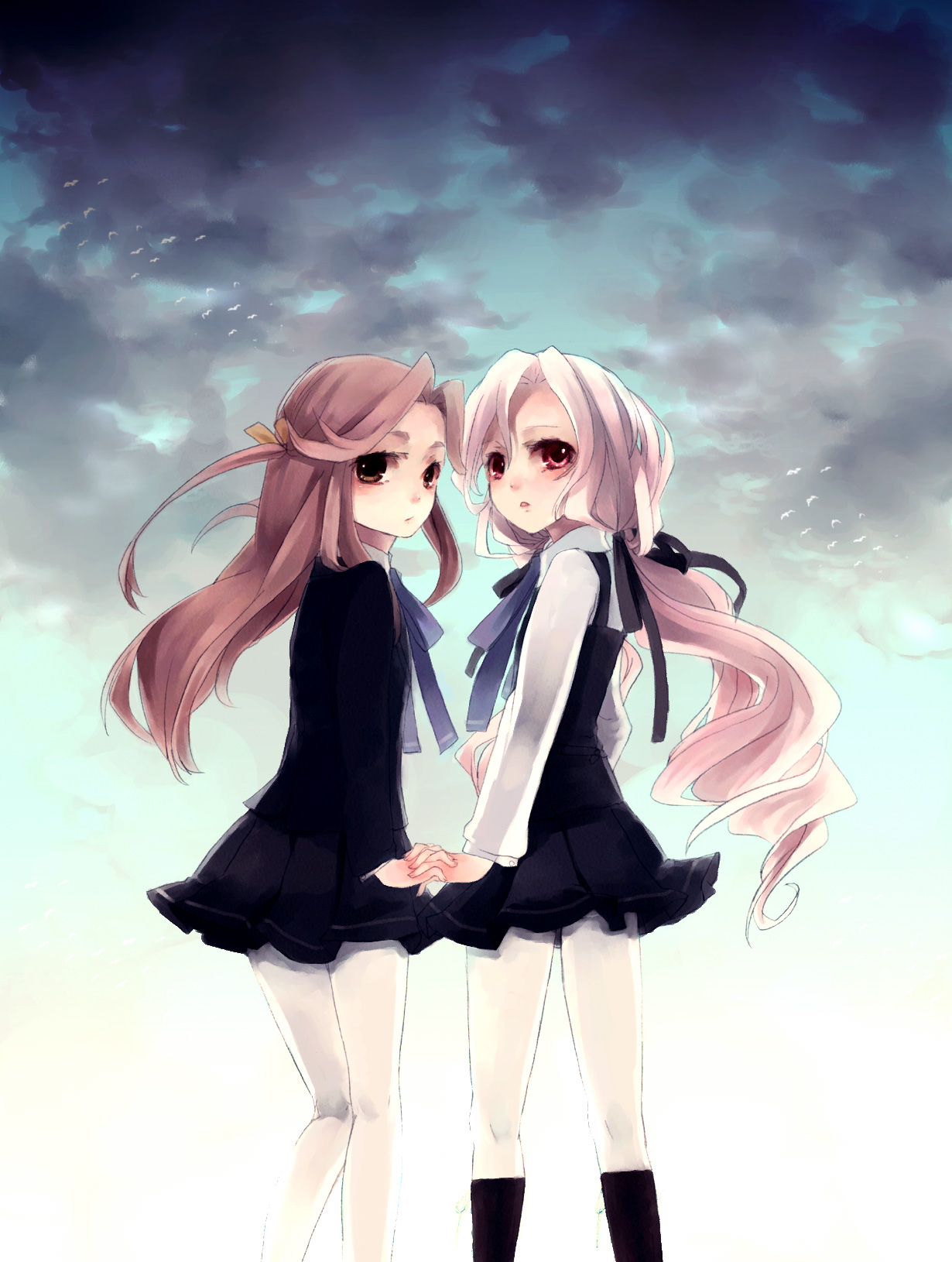 shimakoma, ayabe kihachirou, taira no takiyashamaru, rakudai ninja rantarou, bad id, bad pixiv id, highres, 2boys, 2girls, brown hair, dress, hair flaps, holding hands, long hair, male focus, multiple boys, multiple girls, ponytail, red eyes, sky, socks, trap, white hair