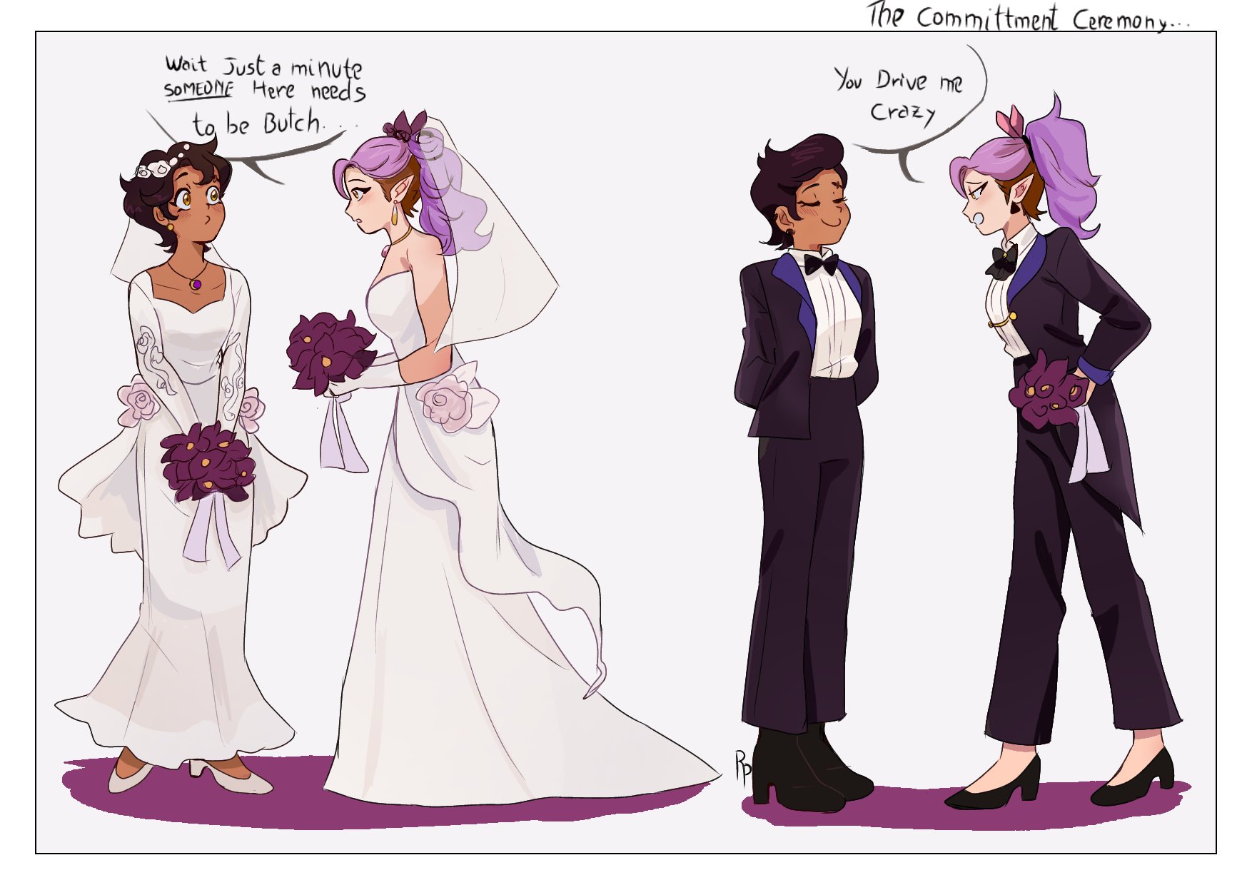 realyskp, amity blight, luz noceda, the owl house, commentary, hashtag-only commentary, highres, 2girls, black bow, black bowtie, black jacket, black pants, black shoes, black suit, bouquet, bow, bowtie, brown hair, dress, earrings, english text, flower, formal clothes, hand on own hip, high heels, holding, holding bouquet, jacket, jewelry, long hair, meme, multiple girls, necklace, pants, pointy ears, purple flower, purple hair, shirt, shoes, simple background, smile, someone here needs to be butch (meme), speech bubble, suit, tuxedo, undercut, wedding dress, white background, white dress, white shirt, wife and wife, yuri