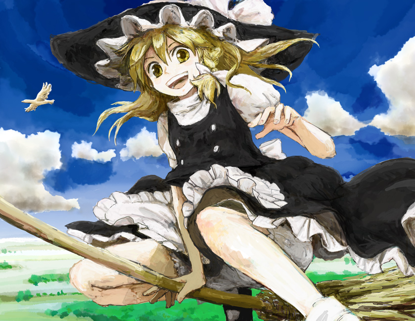 poncho (poncho), kirisame marisa, touhou, 1girl, blonde hair, braid, broom, broom riding, female focus, flying, hat, smile, solo, witch, witch hat, yellow eyes