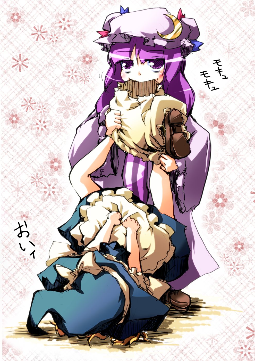 sayuu hanten, kirisame marisa, patchouli knowledge, touhou, highres, 2girls, blonde hair, bloomers, bloomers pull, female focus, hat, long hair, mouth hold, multiple girls, purple eyes, purple hair, short hair, underwear, white background, witch, witch hat