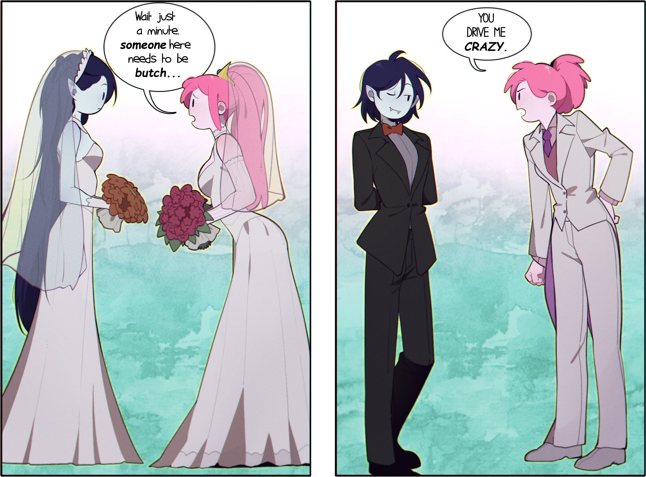 omy-chan, marceline abadeer, princess bonnibel bubblegum, adventure time, commentary, english commentary, highres, 2girls, angry, black jacket, black pants, black suit, bow, bowtie, bridal veil, brown flower, dress, elbow gloves, english text, fangs, flower, formal clothes, gloves, grey shirt, holding, holding flower, jacket, long hair, meme, multiple girls, necktie, open mouth, pants, pink flower, pink hair, pointy ears, ponytail, purple hair, purple necktie, red bow, red bowtie, shirt, short hair, someone here needs to be butch (meme), speech bubble, suit, tuxedo, vampire, veil, wedding dress, white dress, white gloves, white suit, wife and wife, yuri