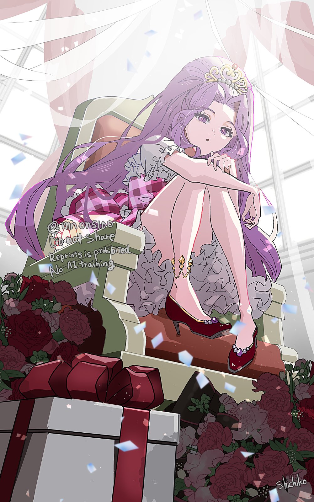 shichiko (kerori), kanzaki mizuki, aikatsu!, aikatsu! (series), hashtag-only commentary, highres, 1girl, box, confetti, curtains, dress, flower, frilled dress, frills, full body, gift, gift box, high heels, indoors, knees up, long hair, looking at viewer, petticoat, pink dress, plaid clothes, plaid dress, ponytail, purple eyes, purple hair, red flower, red rose, red shoes, rose, shoes, short dress, sitting, solo, throne, tiara, window