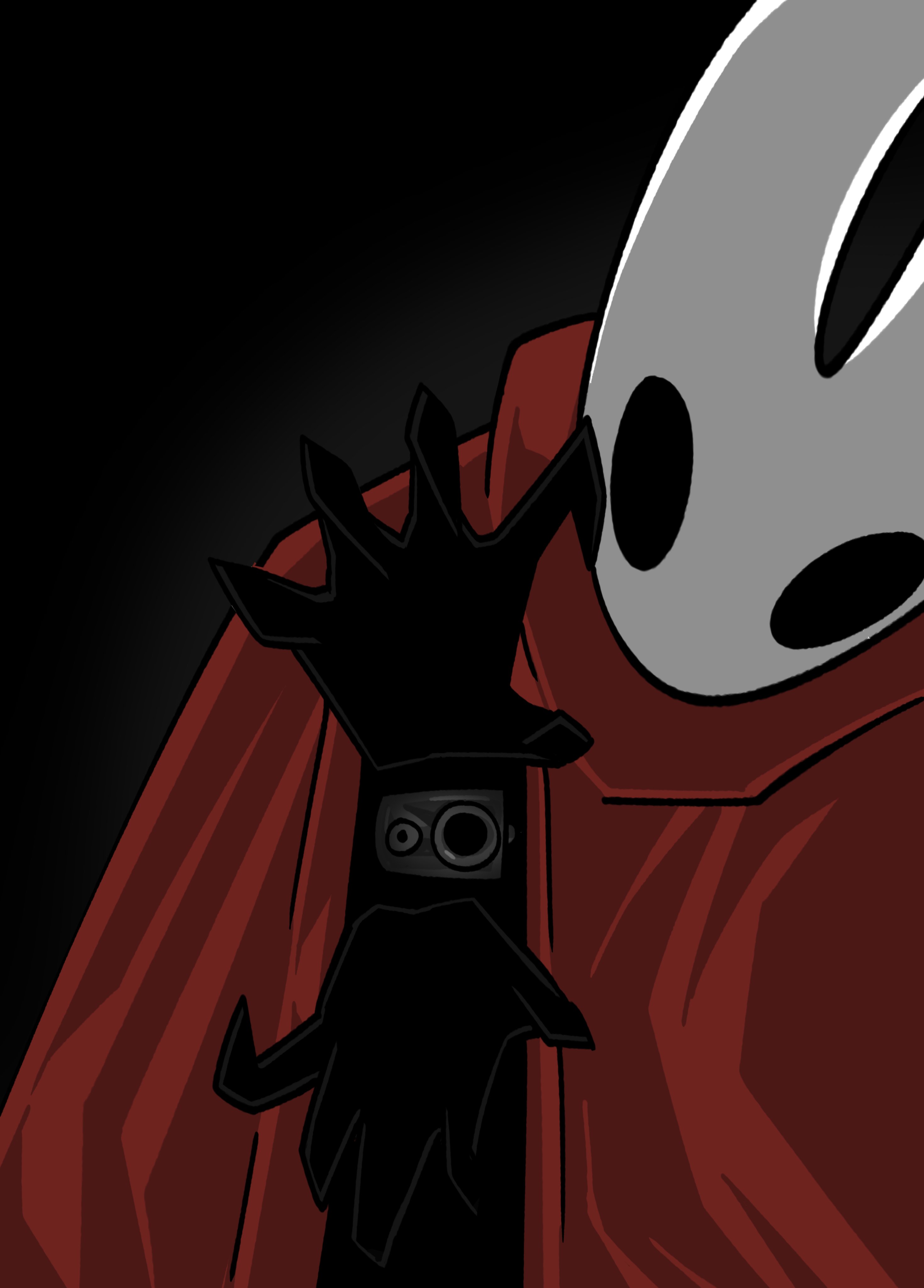 hornet (hollow knight), hollow knight, hollow knight: silksong, absurdres, highres, 1girl, arthropod girl, chun grandfa, cloak, dark background, gun, looking at viewer, mask, red cloak, weapon, white mask