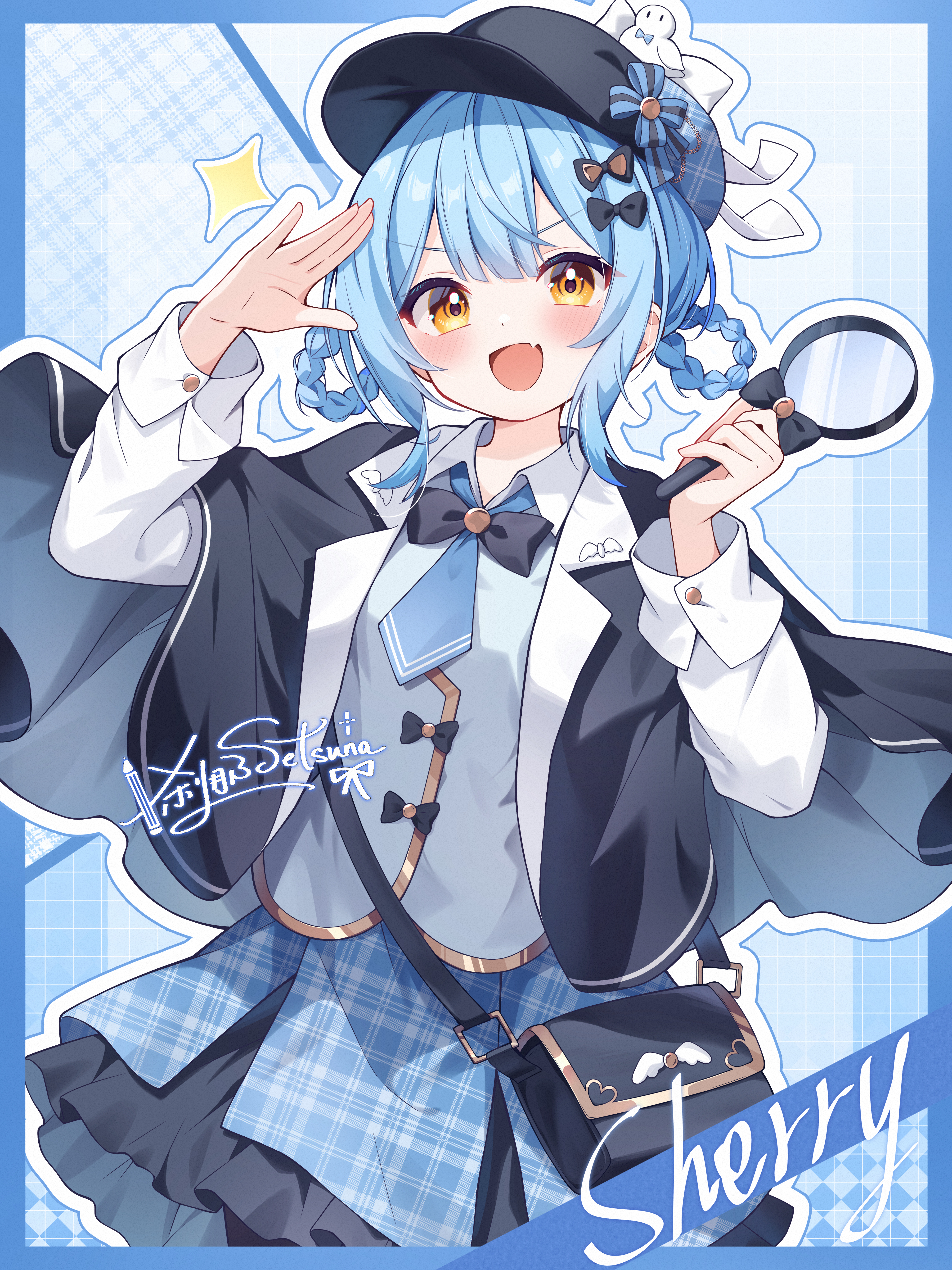 setsuna 0430, tachibana sherry, mahou shoujo no majo saiban, absurdres, highres, 1girl, bag, black bow, black bowtie, black capelet, black hair, black skirt, blue background, blue border, blue hair, blue necktie, blue skirt, blush, border, bow, bowtie, braid, braided hair rings, capelet, character name, collared shirt, cowboy shot, deerstalker, grey shirt, grid background, hair rings, hat, holding, holding magnifying glass, layered skirt, magnifying glass, necktie, open mouth, outline, plaid clothes, plaid skirt, salute, shirt, short hair, short necktie, sidelocks, signature, skirt, smile, solo, yellow eyes