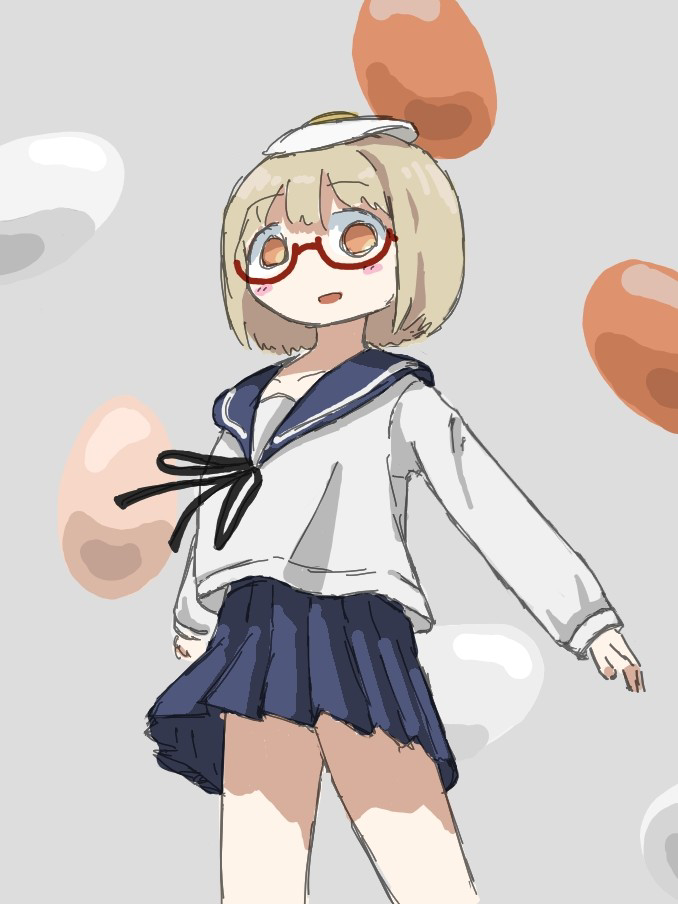 yamashita majime, shimeji simulation, 1girl, food, food on head, fried egg, glasses, looking at viewer, object on head, open mouth, orange eyes, school uniform, short hair, simple background, solo, standing