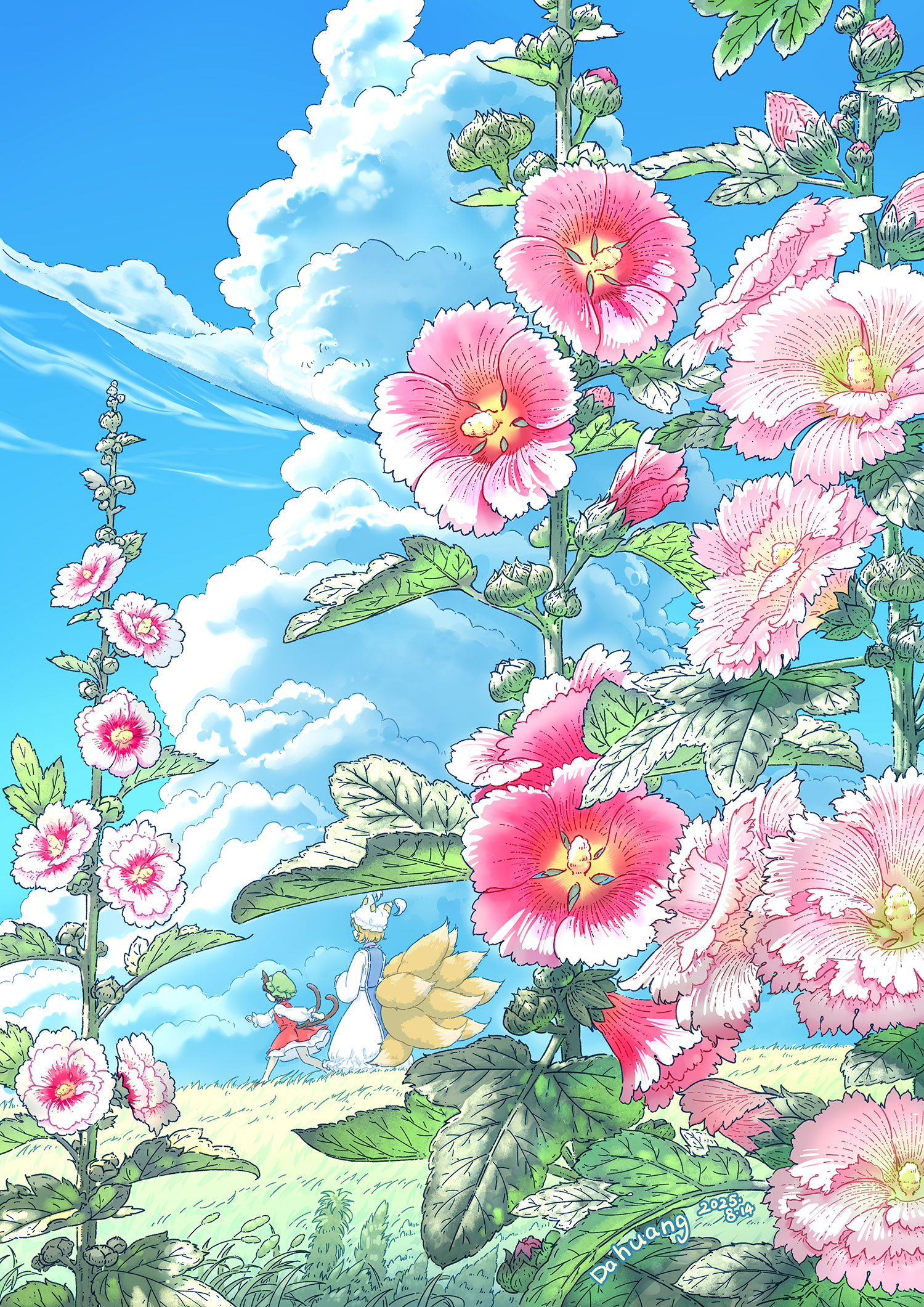 dahuang, chen, yakumo ran, touhou, chinese commentary, commentary request, highres, 2girls, artist name, blue sky, blue tabard, bud, cat girl, cat tail, cloud, cloudy sky, cumulonimbus cloud, dated, dress, flower, flower focus, fox girl, fox tail, from side, grass, green hat, hat, hollyhock, long sleeves, mob cap, multiple girls, multiple tails, outdoors, pink flower, plant, plant focus, red dress, scenery, sky, tabard, tail, two tails, walking, white dress, white hat