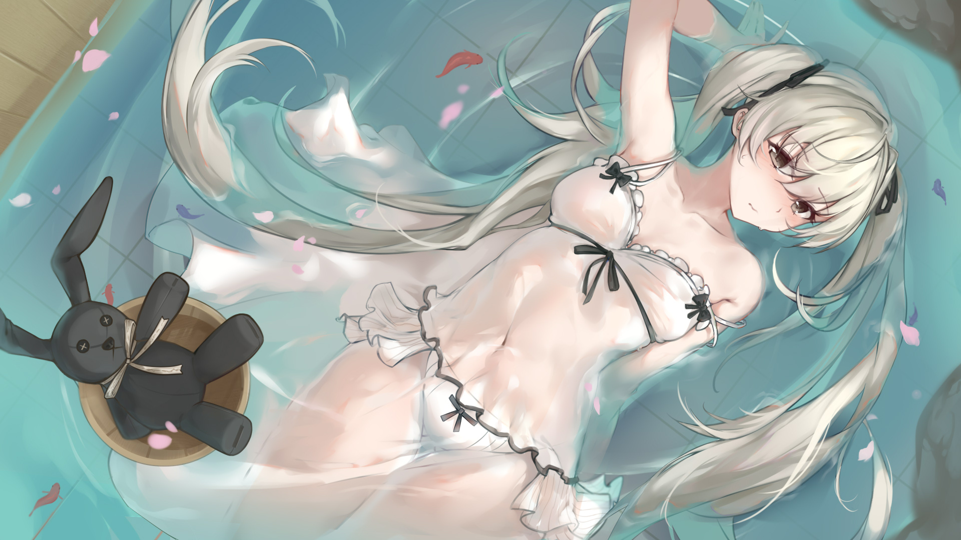 yusan, kasugano sora, yosuga no sora, commentary request, highres, 1girl, arm behind head, babydoll, black ribbon, breasts, brown eyes, bucket, closed mouth, collarbone, covered navel, cowboy shot, from above, grey hair, hair ribbon, long hair, looking at viewer, panties, partially submerged, ribbon, see-through clothes, small breasts, solo, stuffed animal, stuffed rabbit, stuffed toy, twintails, underwear, water, white babydoll, white panties, wooden bucket