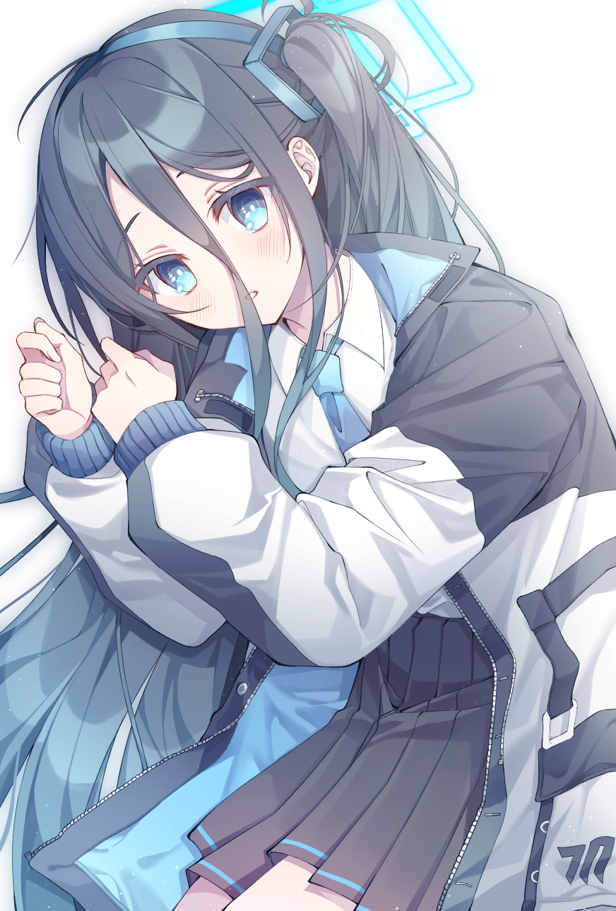 s11nq, aris (blue archive), blue archive, commentary, highres, 1girl, aqua eyes, aqua halo, black jacket, black skirt, blue hairband, blue jacket, blue necktie, blush, collared shirt, cowboy shot, grey hair, hair between eyes, hairband, halo, jacket, light particles, long bangs, long hair, long hair between eyes, long sidelocks, long sleeves, looking at viewer, lying, multicolored jacket, necktie, on side, one side up, open clothes, open jacket, parted lips, pleated skirt, puffy long sleeves, puffy sleeves, rectangular halo, ringed eyes, school uniform, shirt, sidelocks, skirt, sleeves past wrists, solo, two-sided fabric, two-sided jacket, very long hair, white background, white jacket, white shirt