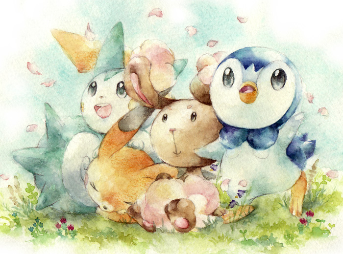 kazaori, buneary, pachirisu, pikachu, piplup, nintendo, pokemon, bad id, bad pixiv id, gen 1 pokemon, gen 4 pokemon, no humans, petals, pokemon (creature)