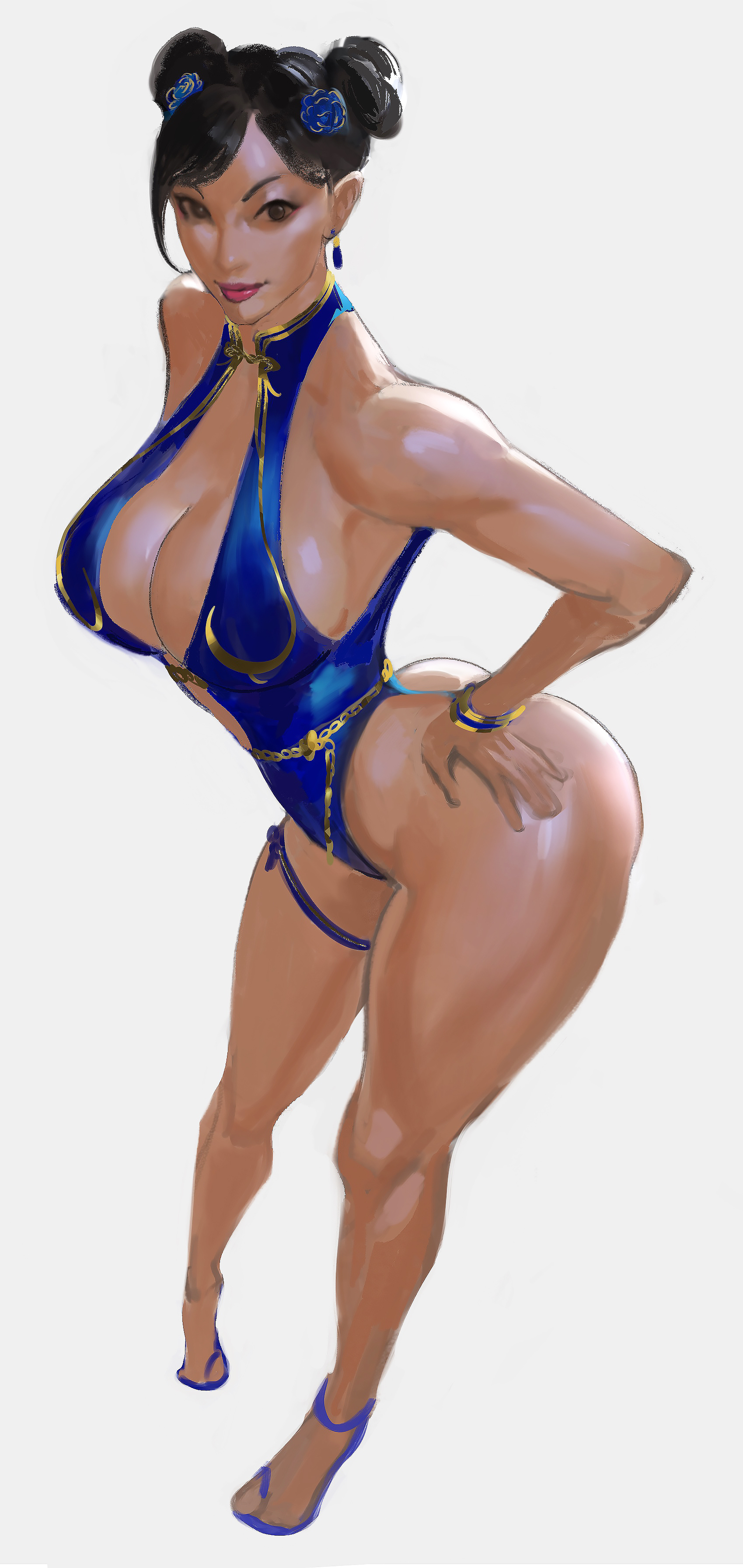 mashingvaquita, chun-li, capcom, street fighter, street fighter 6, absurdres, highres, 1girl, alternate costume, ass, back, bare legs, bare shoulders, blue one-piece swimsuit, bracelet, brown hair, curvy, double bun, full body, hair bun, highleg, highleg one-piece swimsuit, huge ass, jewelry, looking at viewer, official alternate costume, one-piece swimsuit, outdoors, parted lips, shiny skin, skindentation, smile, solo, standing, swimsuit, thighlet, thong one-piece swimsuit, wide hips