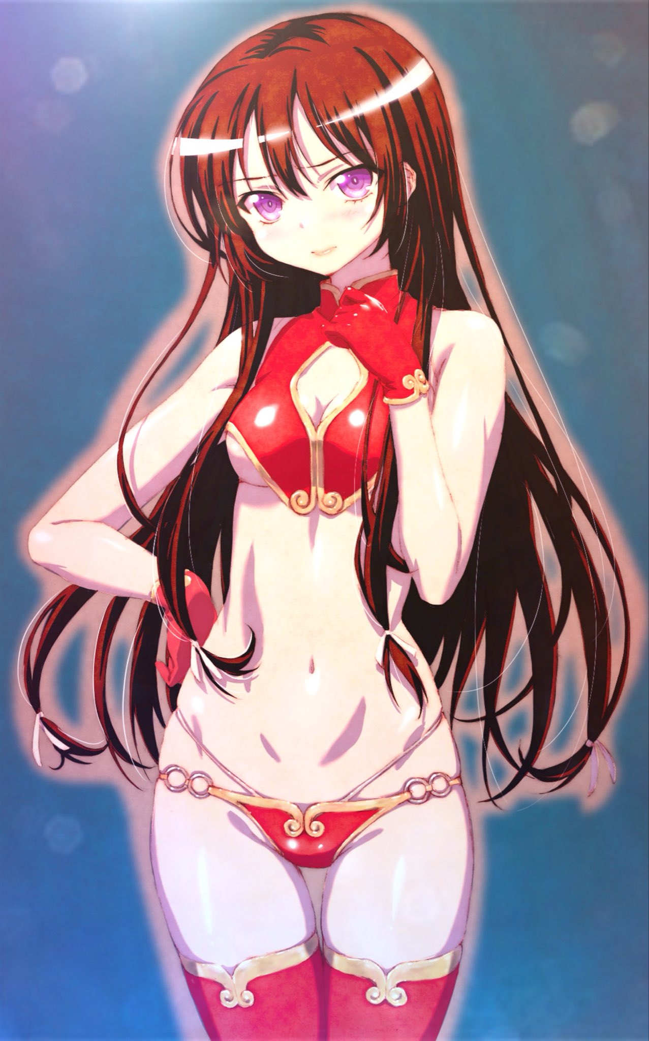 watanabe yoshihiro, mikazuki yozora, boku wa tomodachi ga sukunai, highres, official art, 1girl, bikini, bikini bottom only, black hair, breasts, cleavage, cleavage cutout, clothing cutout, cowboy shot, crop top, gloves, groin, hand on own hip, lips, long hair, medium breasts, navel, pink eyes, red bikini, red gloves, red hair, red thighhighs, revealing clothes, stomach, swimsuit, thighhighs, thighs, underboob, wide hips
