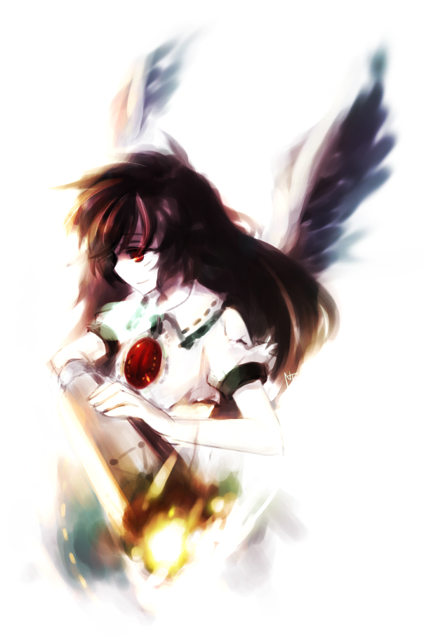 nightea, reiuji utsuho, touhou, 1girl, black hair, female focus, fire, long hair, red eyes, skirt, smile, solo, white background, wings