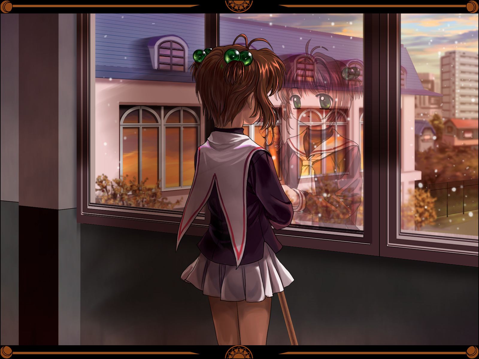 mutsuki (moonknives), kinomoto sakura, cardcaptor sakura, kodansha, highres, 1990s (style), 1girl, antenna hair, brown hair, child, female focus, green eyes, hair bobbles, hair ornament, indoors, looking outside, reflection, retro artstyle, school uniform, short hair, skirt, snow, solo, staff, tomoeda middle school uniform, window