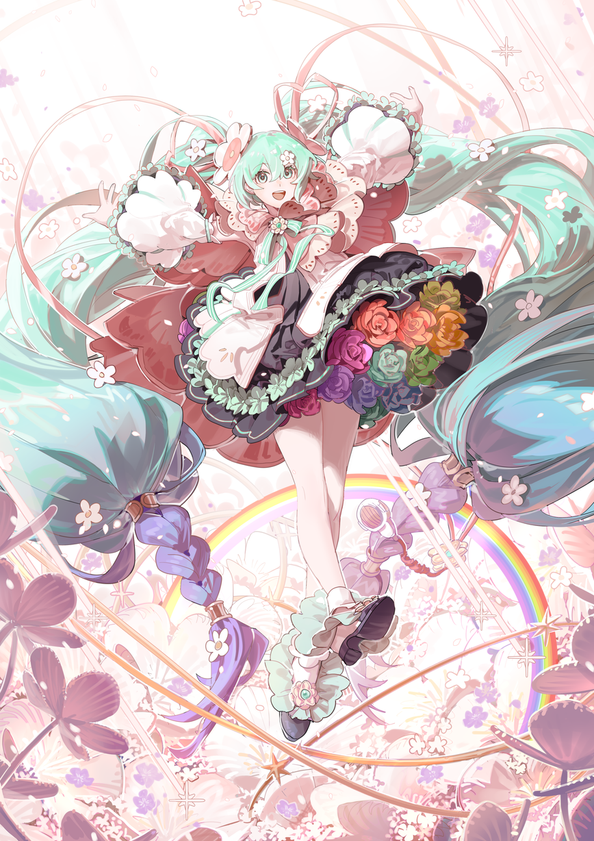 hatsune miku, vocaloid, artist request, highres, 1girl, alternate costume, aqua eyes, aqua hair, braid, dress, flower, long hair, open mouth, plant, rose, smile, very long hair