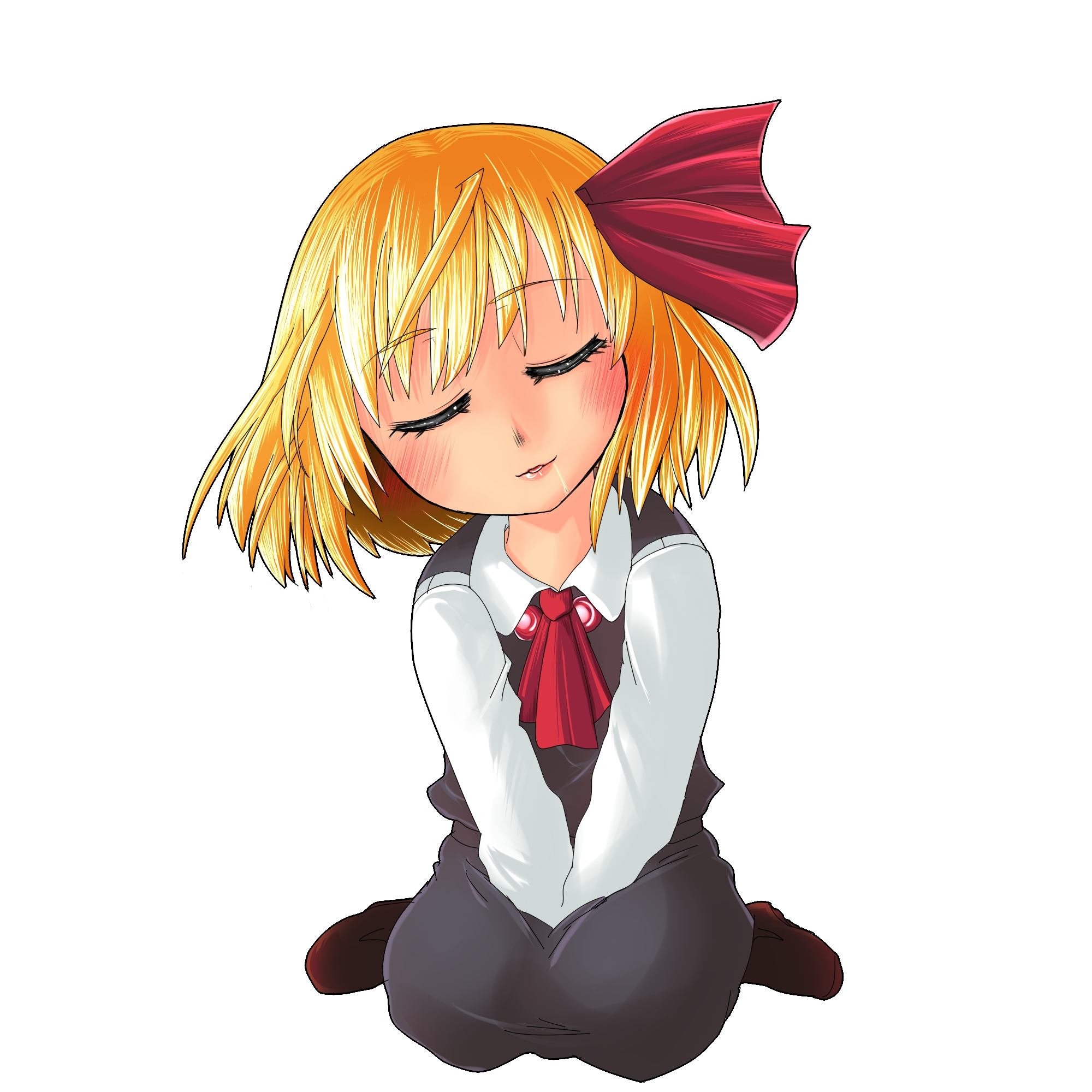 kato (artist), kato (mogumoguokome), rumia, embodiment of scarlet devil, touhou, highres, 1girl, blonde hair, closed eyes, female focus, hair ribbon, kneeling, ribbon, saliva, short hair, sleeping, solo