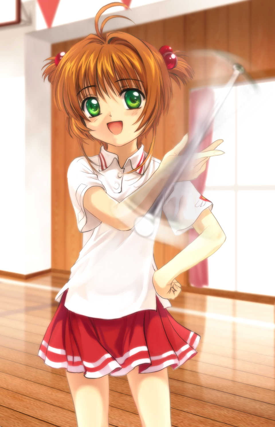 mutsuki (moonknives), kinomoto sakura, cardcaptor sakura, kodansha, baton, highres, 1990s (style), 1girl, :d, antenna hair, brown hair, cheerleader, child, female focus, green eyes, hair bobbles, hair ornament, majorette, motion blur, open mouth, retro artstyle, short twintails, skirt, smile, solo, spinning, twintails, twirl baton