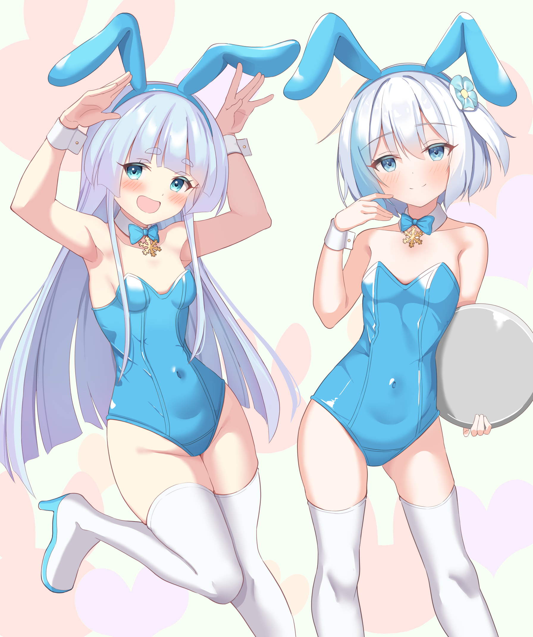 sabakan kandume, hatsuyukisou (flower knight girl), yukihime (sennen sensou aigis), flower knight girl, sennen sensou aigis, commentary request, highres, 2girls, animal ear hairband, animal ears, armpits, arms up, blue bow, blue bowtie, blue eyes, blue hairband, blue leotard, blush, bow, bowtie, breasts, closed mouth, collar, covered navel, crossover, detached collar, dot nose, double-parted bangs, fake animal ears, flower, grey hair, hair flower, hair ornament, hairband, hand up, high heels, holding, holding tray, jewelry, leg up, leotard, long hair, looking at viewer, multiple girls, open mouth, pendant, playboy bunny, rabbit background, rabbit ear hairband, rabbit ears, rabbit pose, shoes, short hair, small breasts, smile, snowflake pendant, split mouth, standing, standing on one leg, straight hair, strapless, strapless leotard, thighhighs, tray, white collar, white shoes, white thighhighs, white wrist cuffs, wispy bangs, wrist cuffs