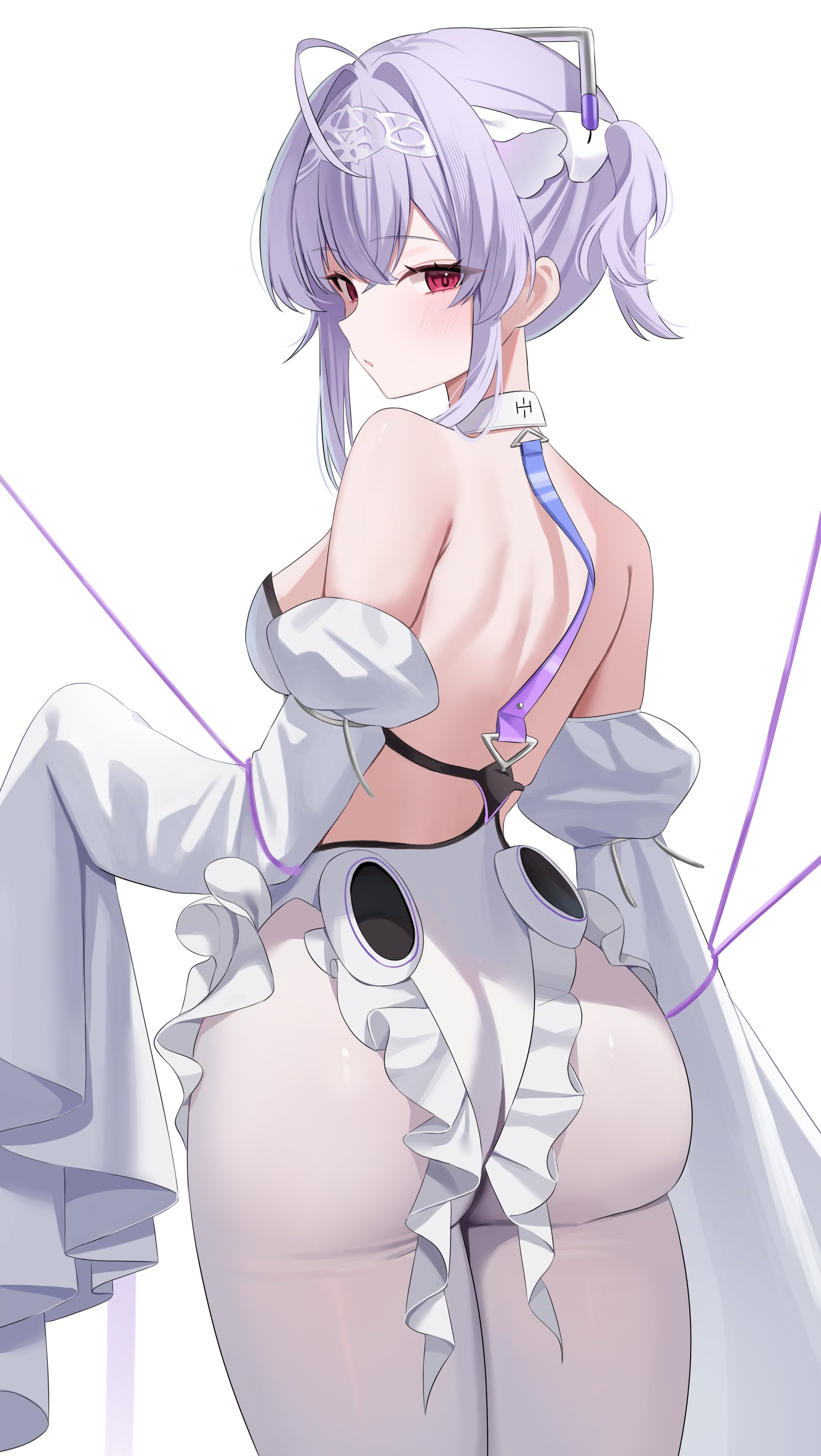 nannung, liberalio (nikke), goddess of victory: nikke, absurdres, commentary, highres, symbol-only commentary, 1girl, ahoge, ass, backless leotard, bare shoulders, breasts, crossed bangs, detached sleeves, frilled leotard, frills, from behind, hair between eyes, juliet sleeves, leotard, long sleeves, looking at viewer, looking back, medium breasts, one side up, pantyhose, puffy sleeves, purple hair, red eyes, short hair, shoulder blades, simple background, sleeves past fingers, sleeves past wrists, solo, standing, strapless, strapless leotard, very long sleeves, white background, white leotard, white pantyhose