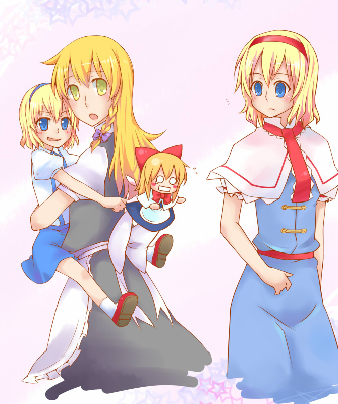 akatsuki (pixiv), alice margatroid, alice margatroid (pc-98), kirisame marisa, shanghai doll, mystic square, touhou, touhou (pc-98), bad id, bad pixiv id, inactive account, 3girls, blonde hair, blue eyes, braid, female focus, multiple girls, time paradox