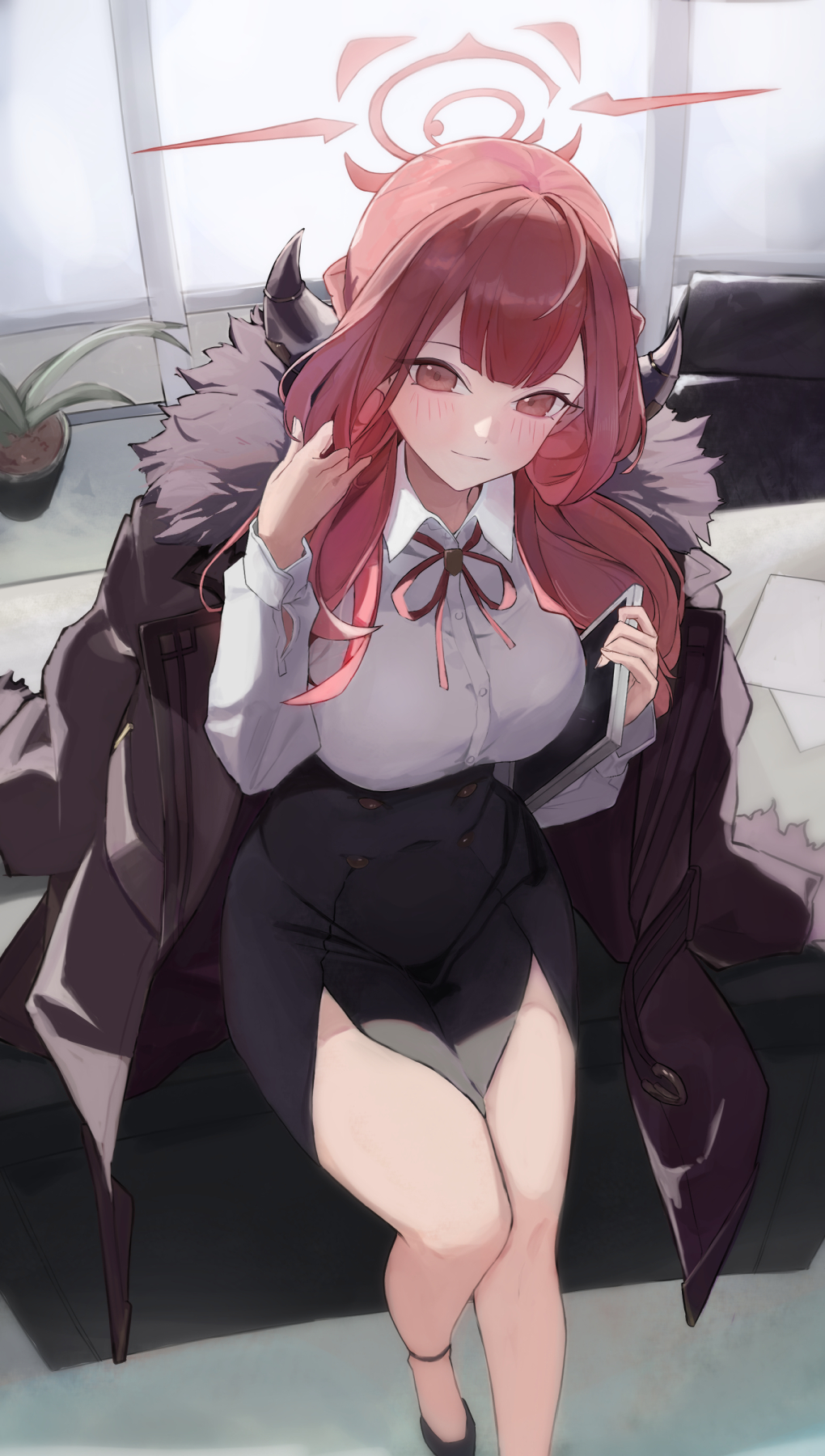 lemon.o.zi, aru (blue archive), blue archive, highres, 1girl, black jacket, black shoes, black skirt, blush, breasts, closed mouth, demon girl, demon horns, fur collar, halo, hand in own hair, horns, jacket, jacket on shoulders, large breasts, long hair, looking at viewer, pink halo, red eyes, red hair, red ribbon, ribbon, shirt, shoes, side slit, skirt, smile, solo, white shirt