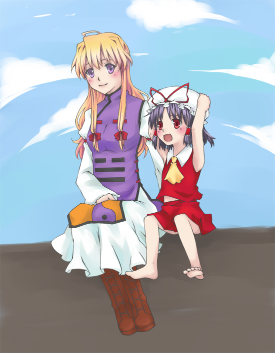 akatsuki (pixiv), hakurei reimu, yakumo yukari, touhou, bad id, bad pixiv id, inactive account, 2girls, aged down, barefoot, black hair, blonde hair, child, feet, female focus, hat, multiple girls